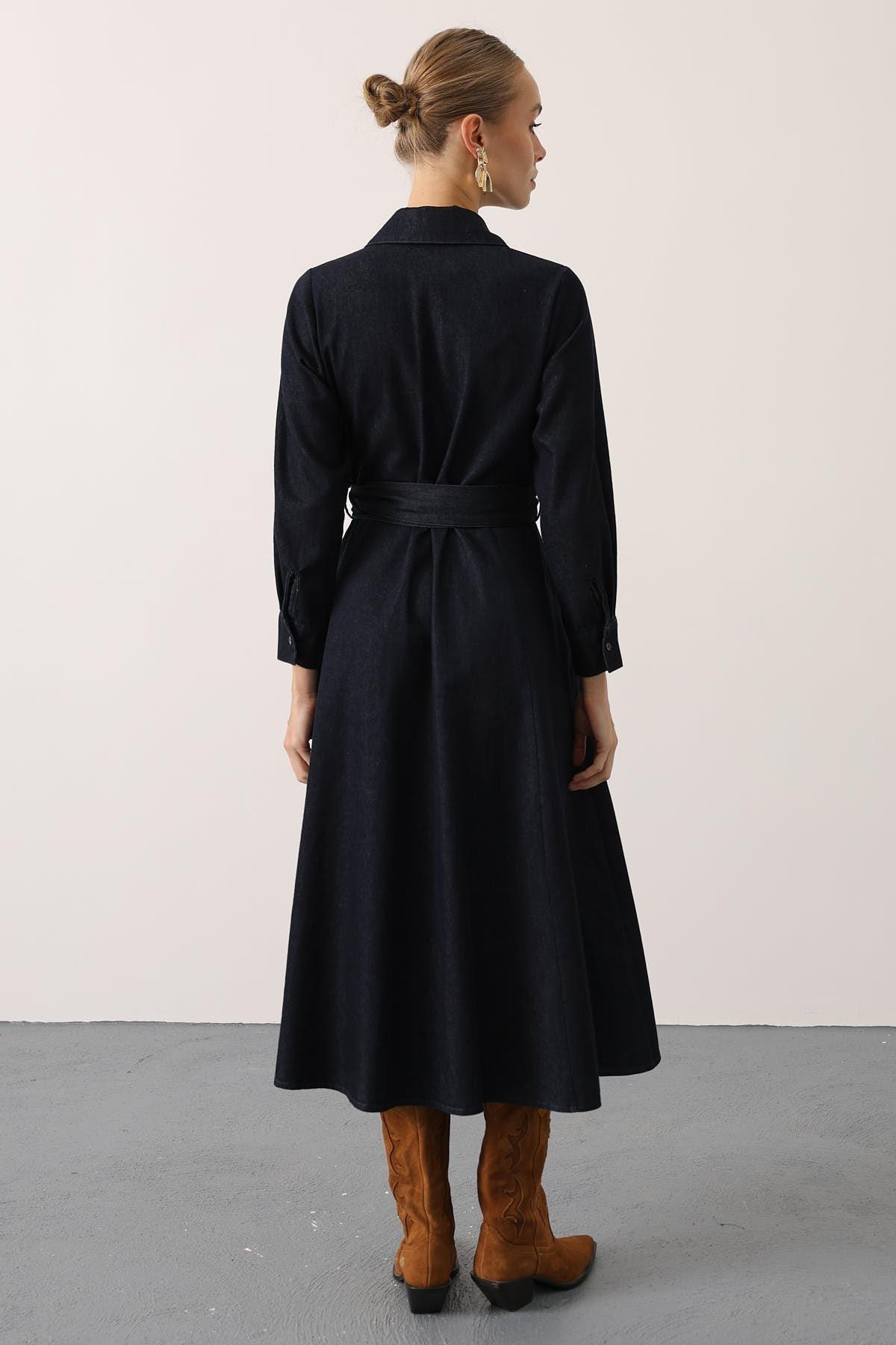 Wholesale Women's Dark Navy Denim Midi Dress with Belt 0061-35525