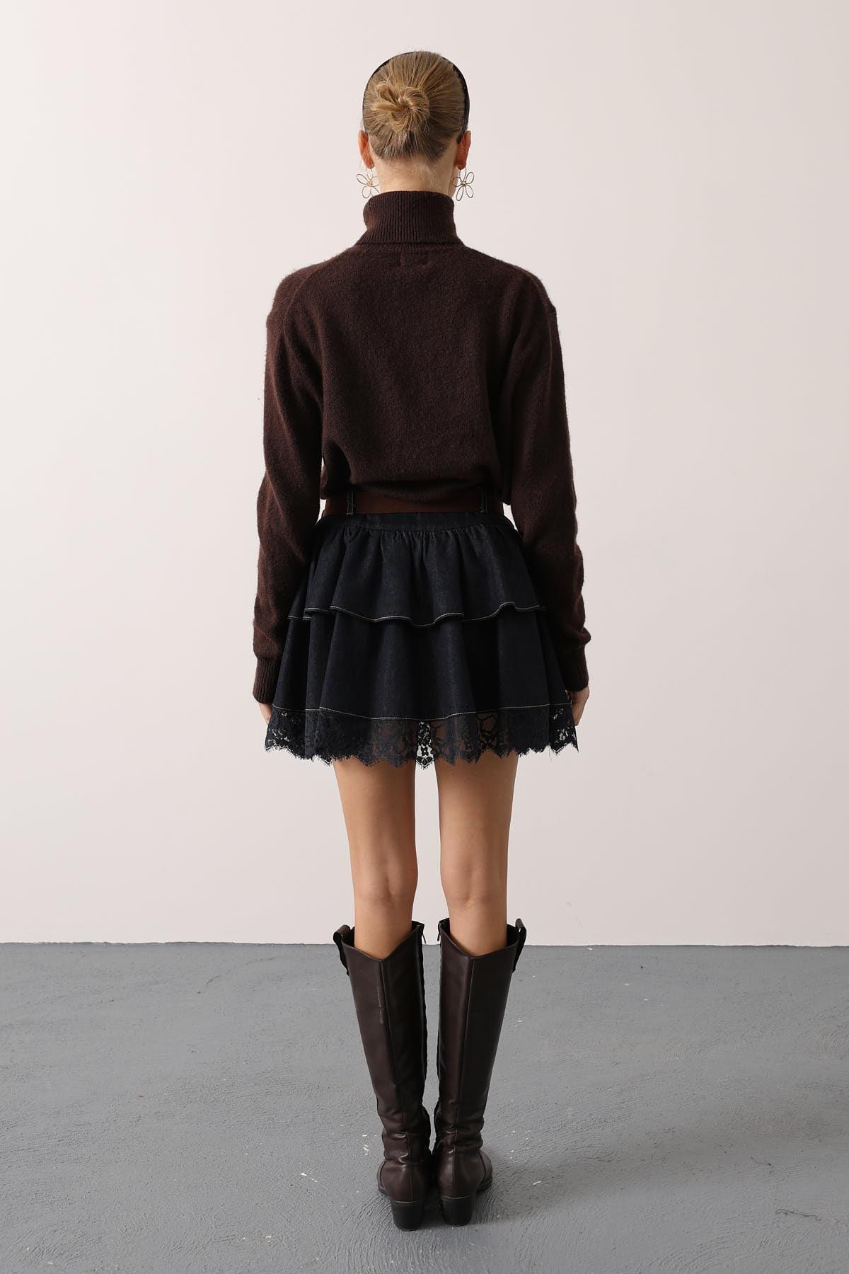 Wholesale Women's Dark Navy Denim Mini Skirt with Lace Trim 0061-37190