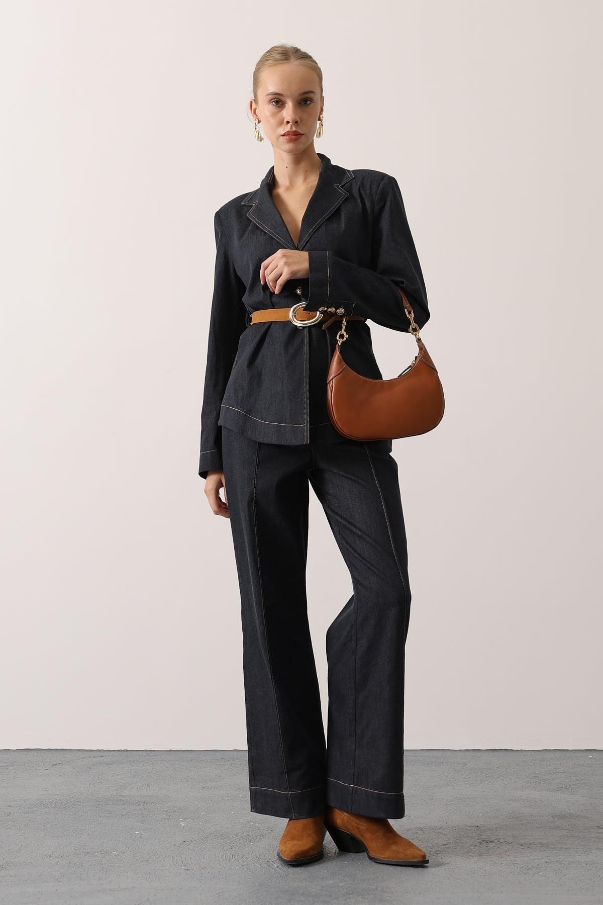Wholesale Women's Dark Navy Denim Suit with Belt 0061-36624