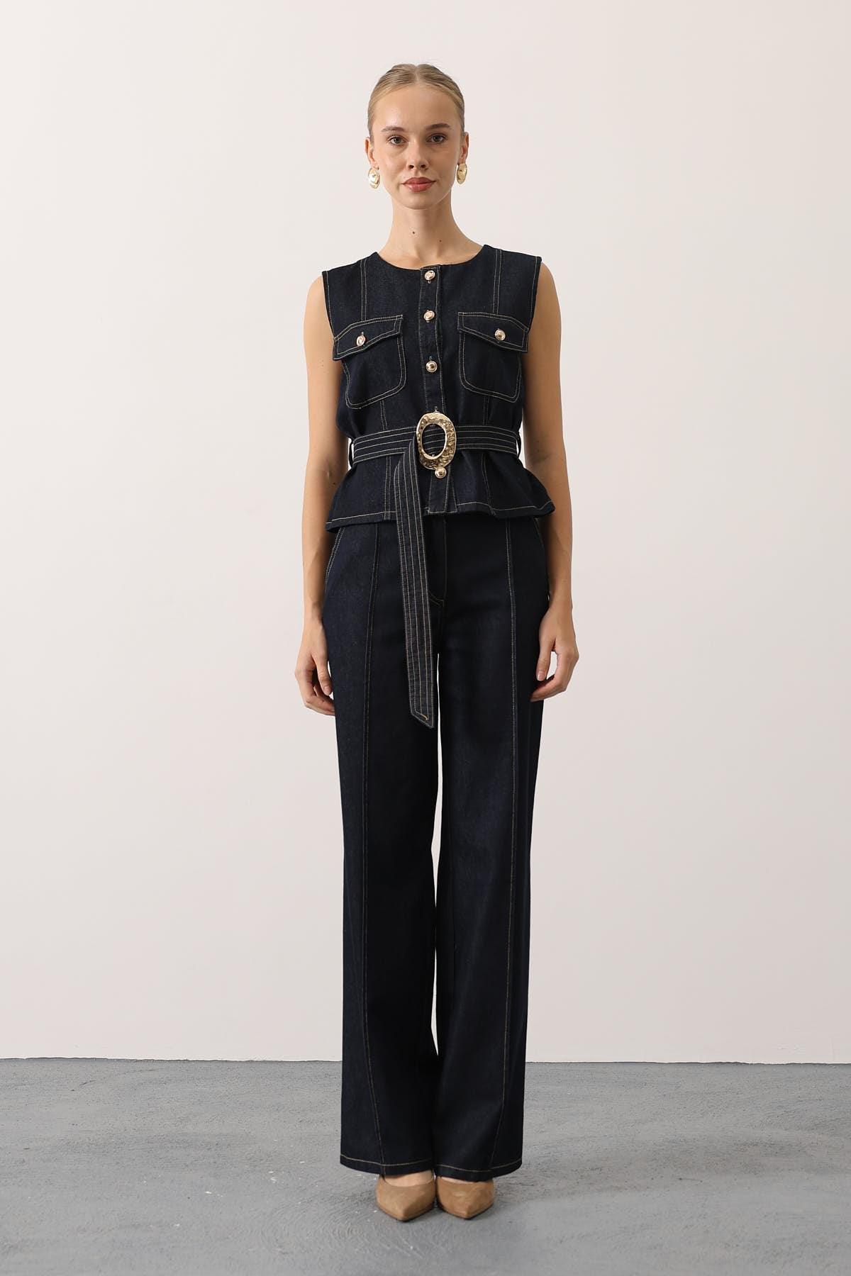 Wholesale Women's Dark Navy Denim Suit with Belt 0061-36625