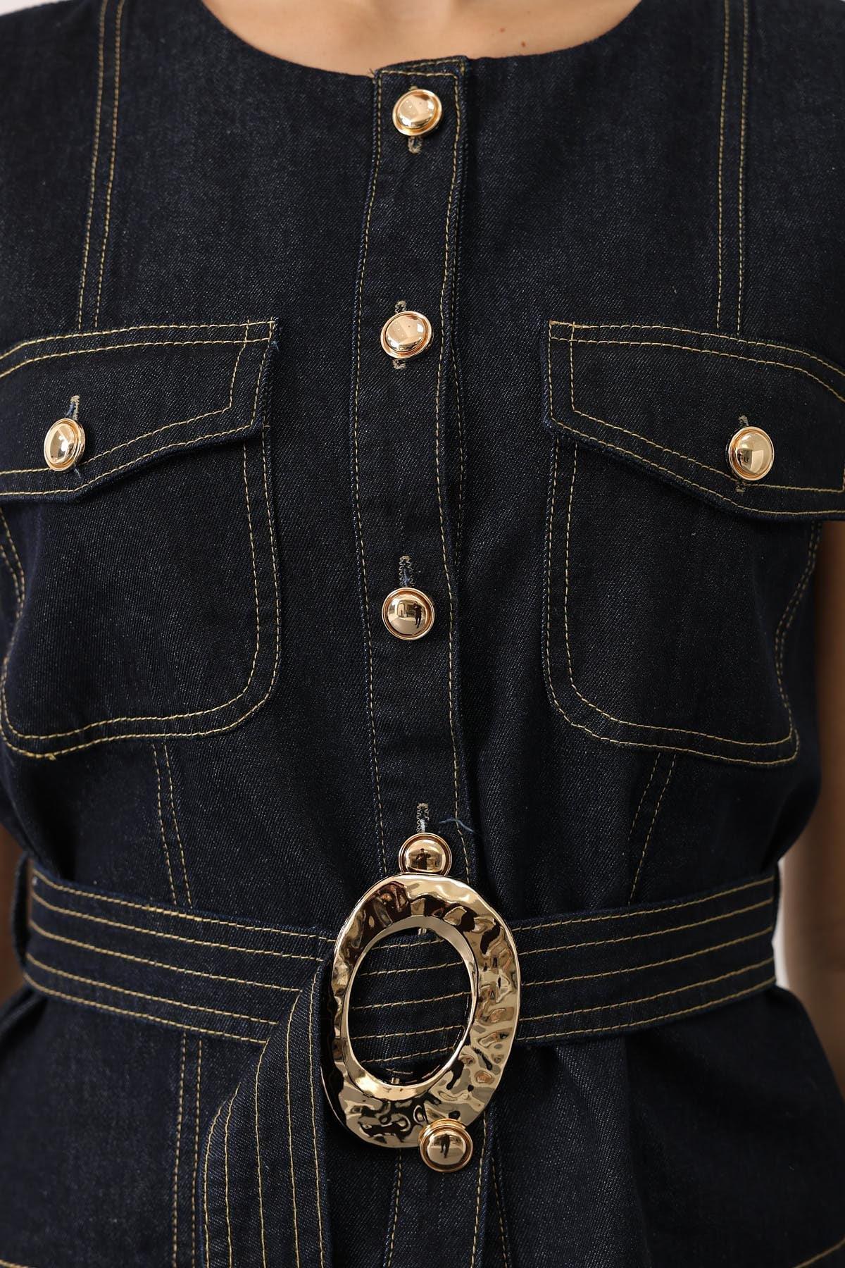 Wholesale Women's Dark Navy Denim Suit with Belt 0061-36625