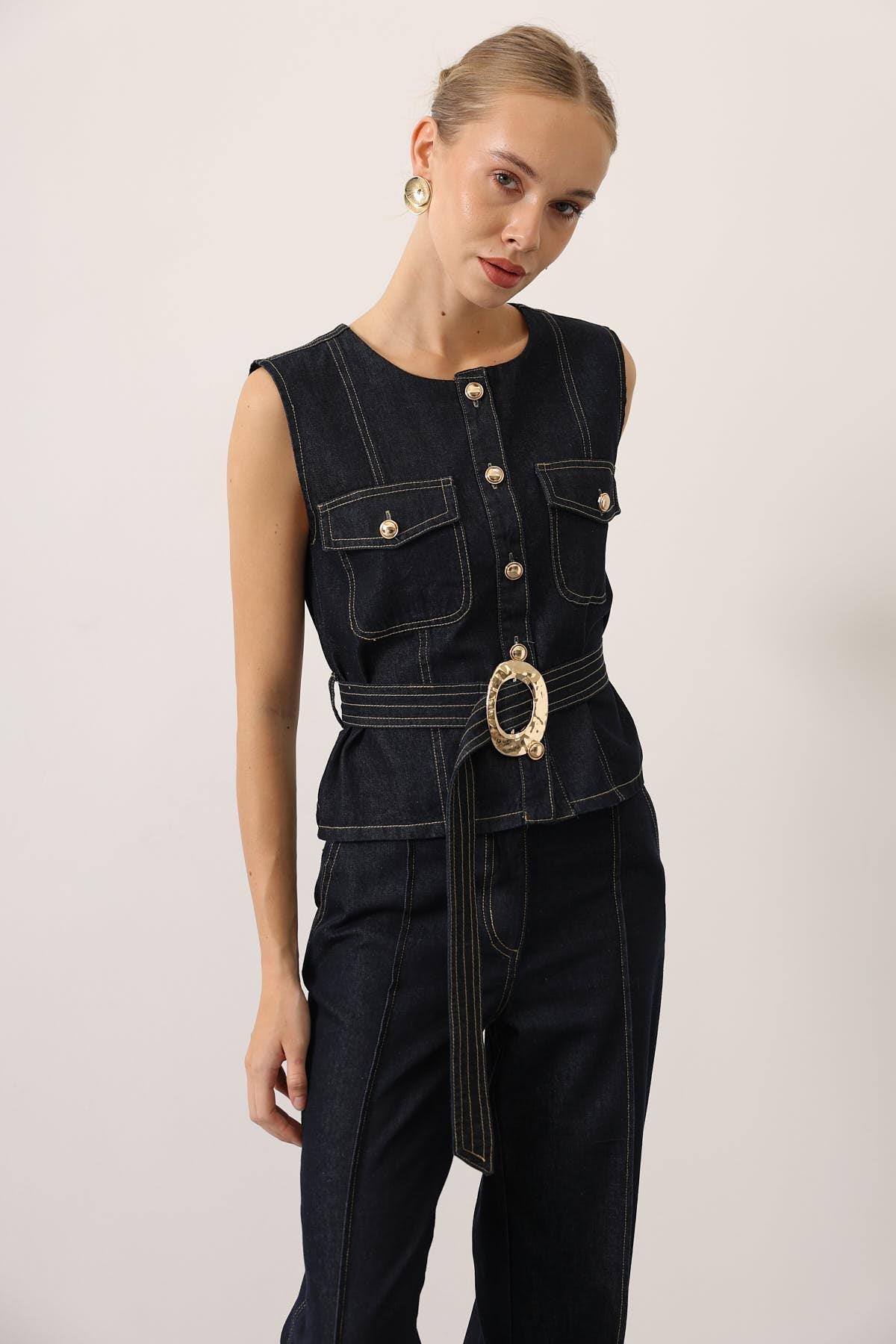 Wholesale Women's Dark Navy Denim Suit with Belt 0061-36625