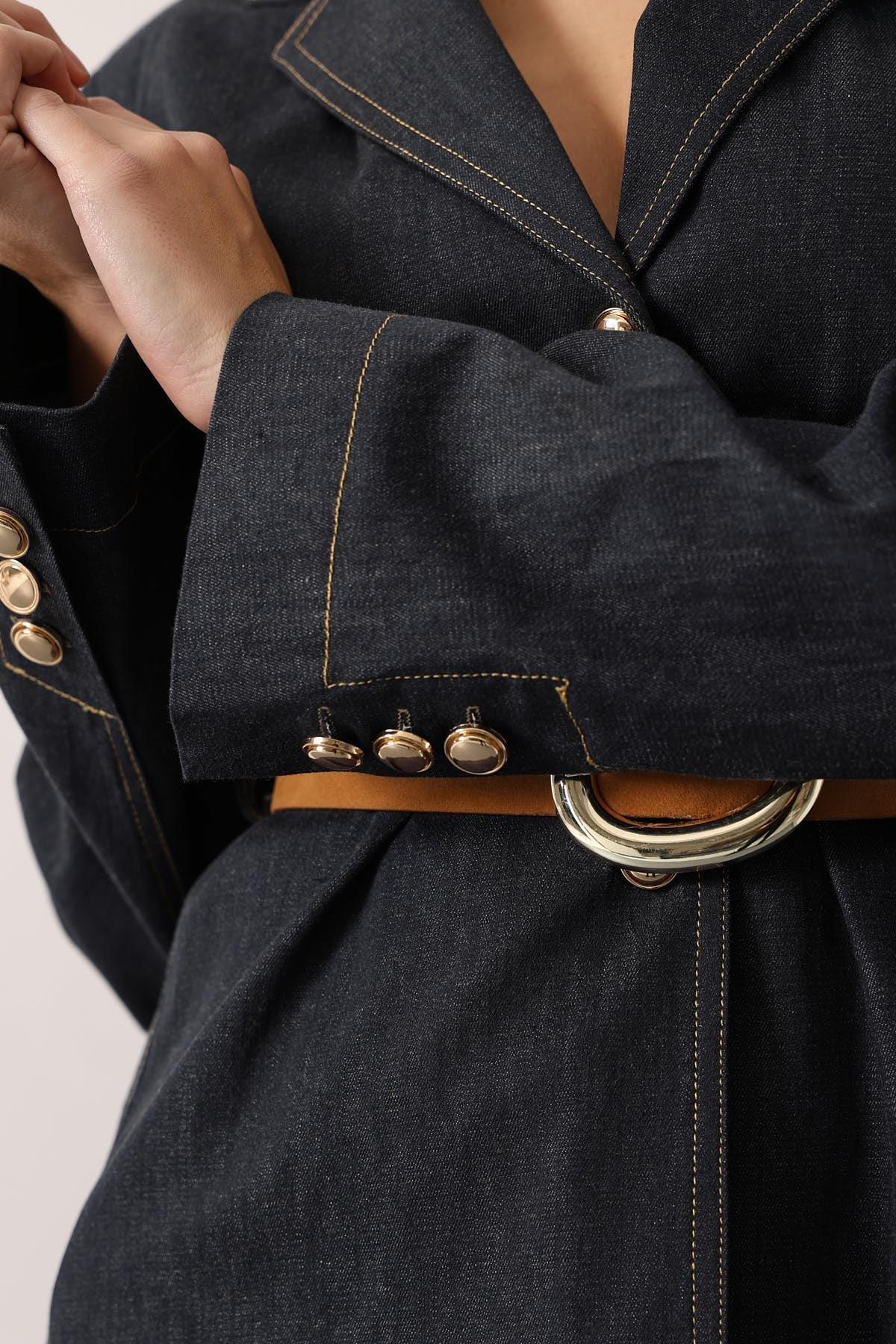 Wholesale Women's Dark Navy Denim Suit with Belt 0061-36624