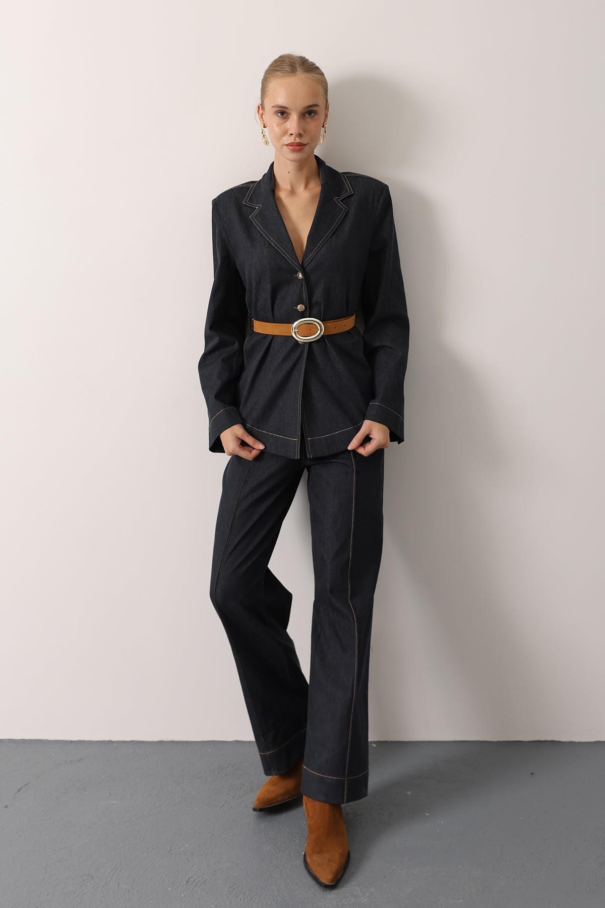 Wholesale Women's Dark Navy Denim Suit with Belt 0061-36624