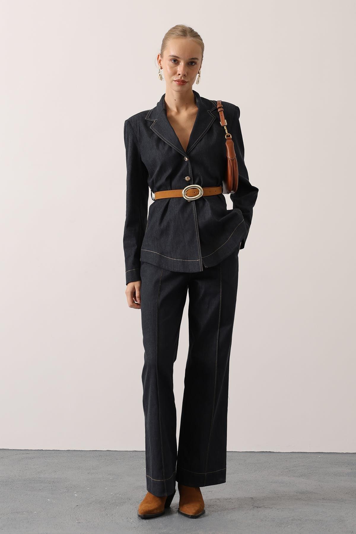 Wholesale Women's Dark Navy Denim Suit with Belt 0061-36624
