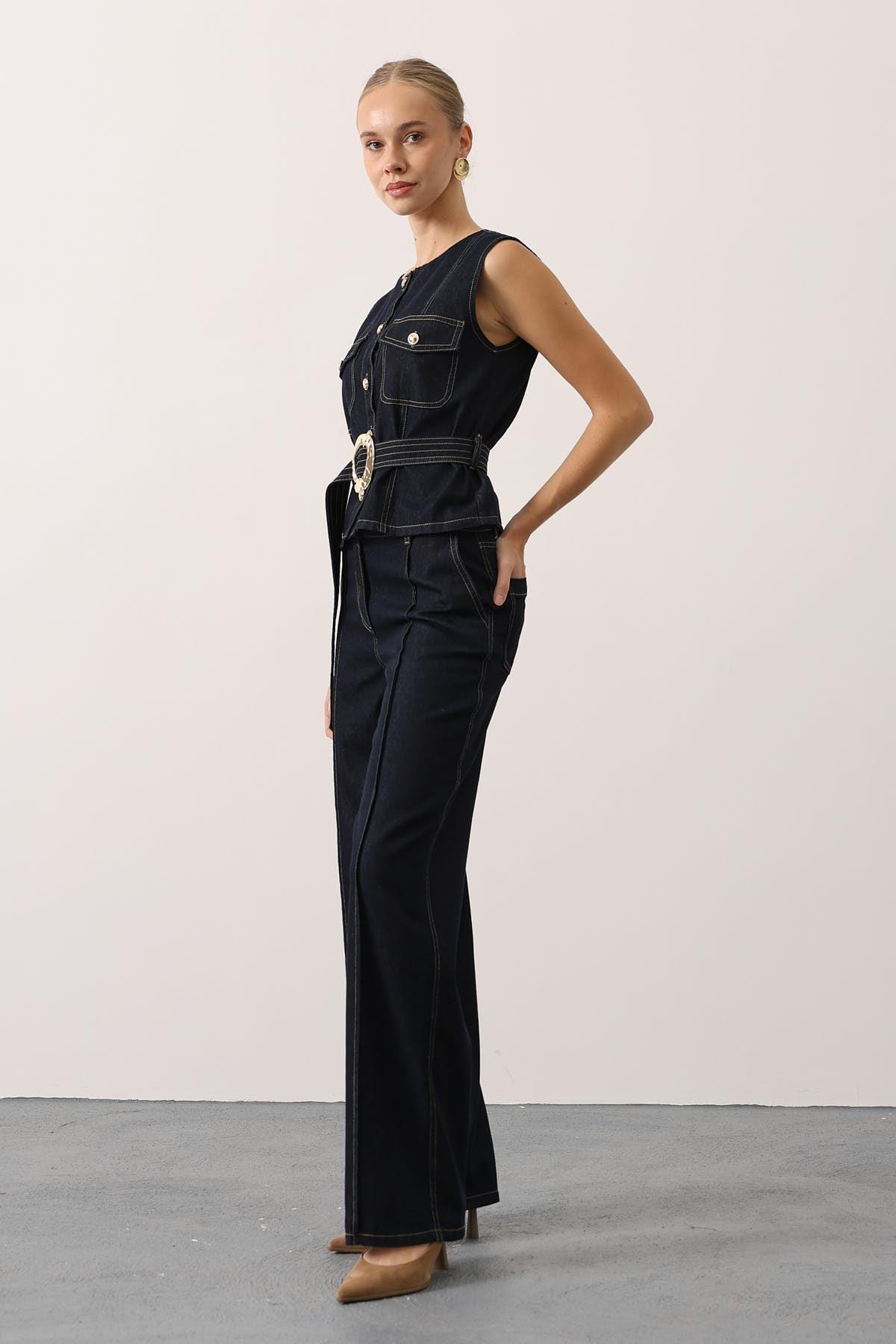 Wholesale Women's Dark Navy Denim Suit with Belt 0061-36625