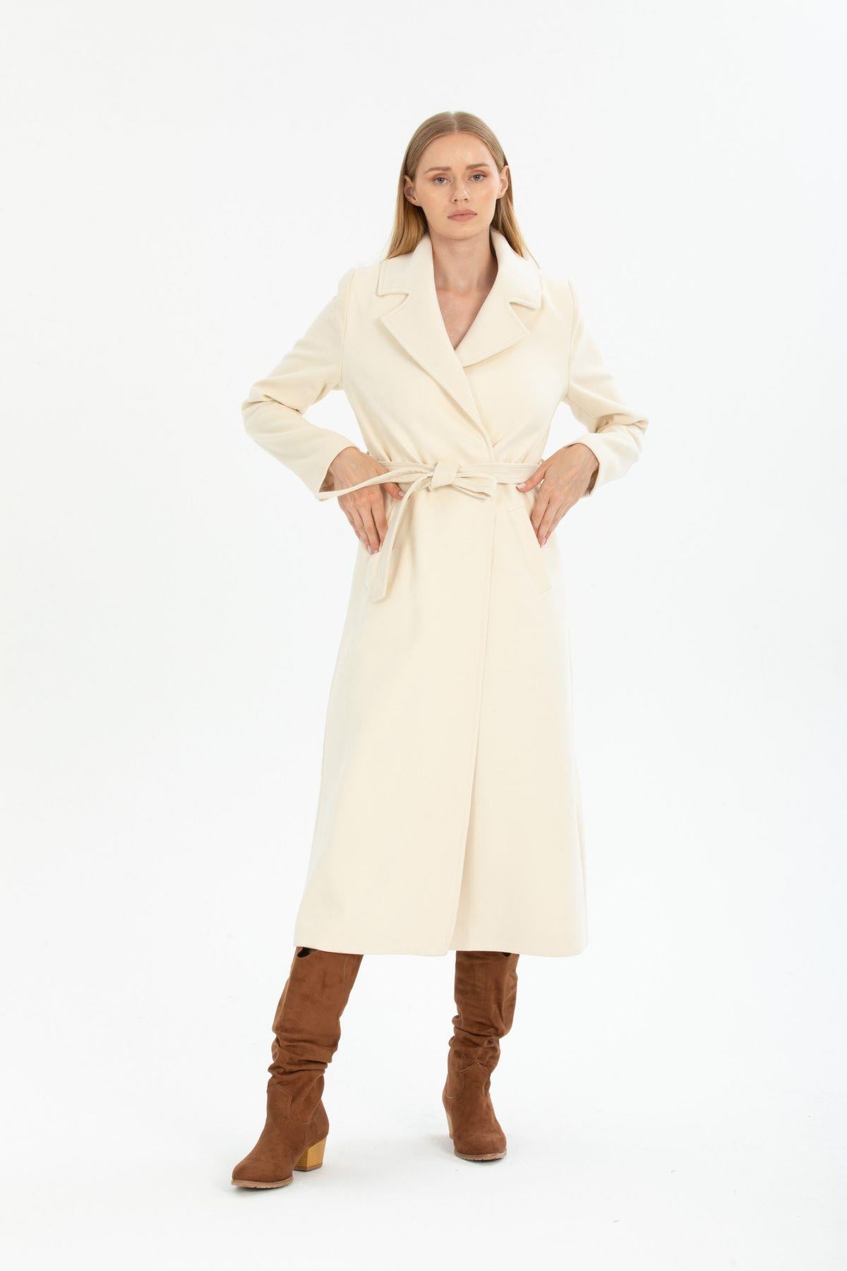 Wholesale Women's Ecru Beige Lapel Long Pocketed Lined Belted Coat