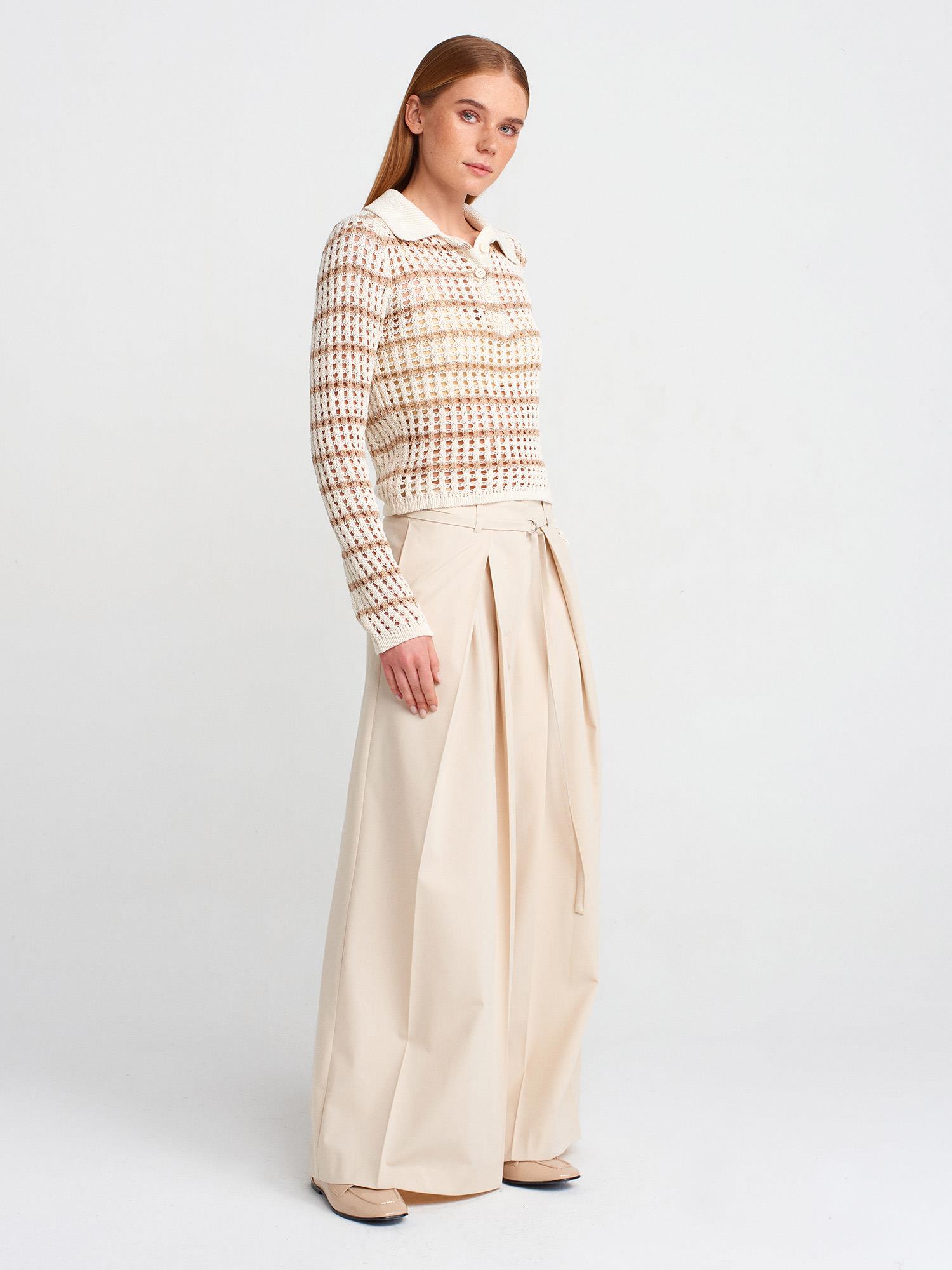 Wholesale Women's Ecru-Beige Polo Collar Openwork Knit Sweater 0431W26-10724