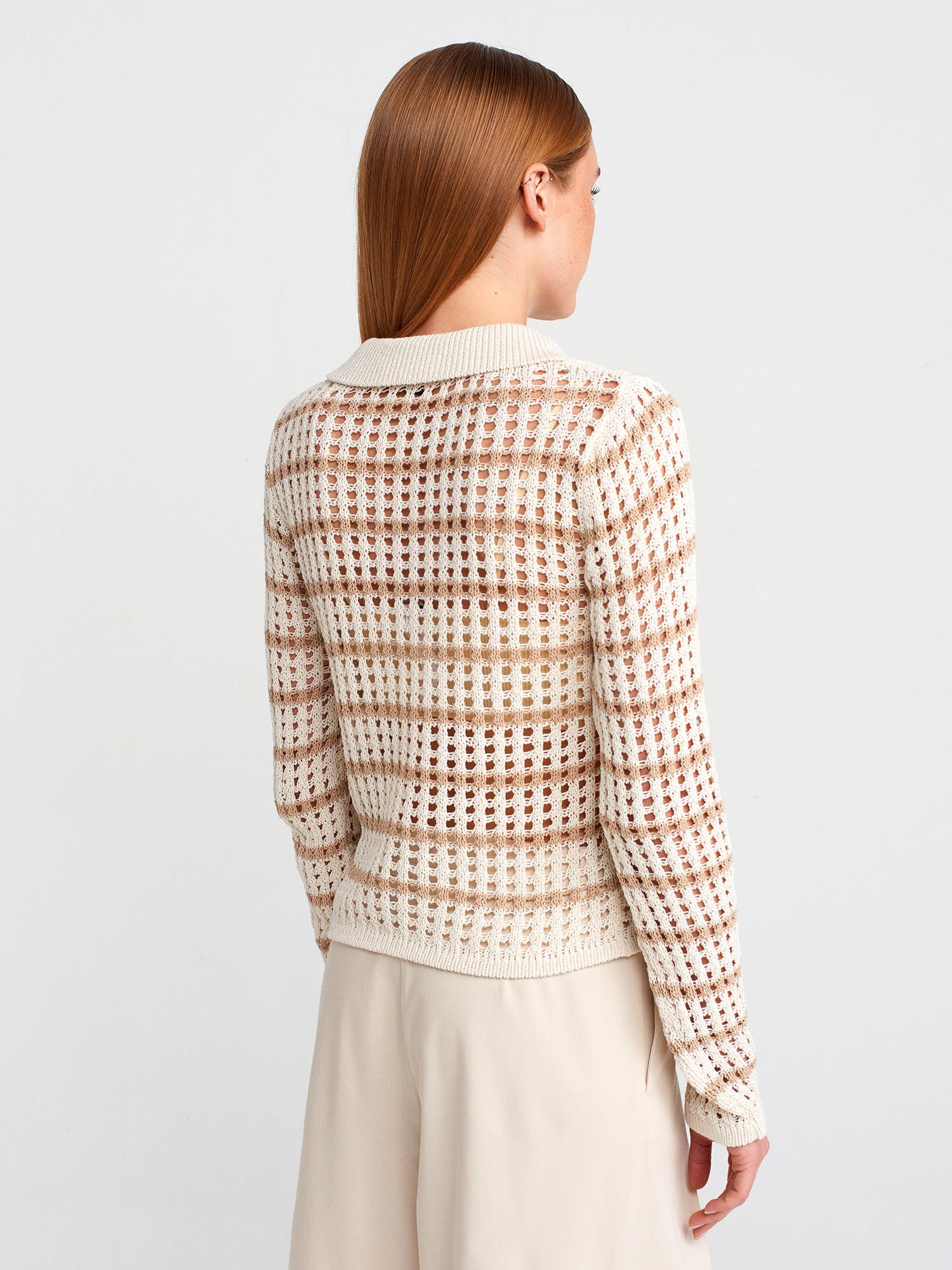 Wholesale Women's Ecru-Beige Polo Collar Openwork Knit Sweater 0431W26-10724