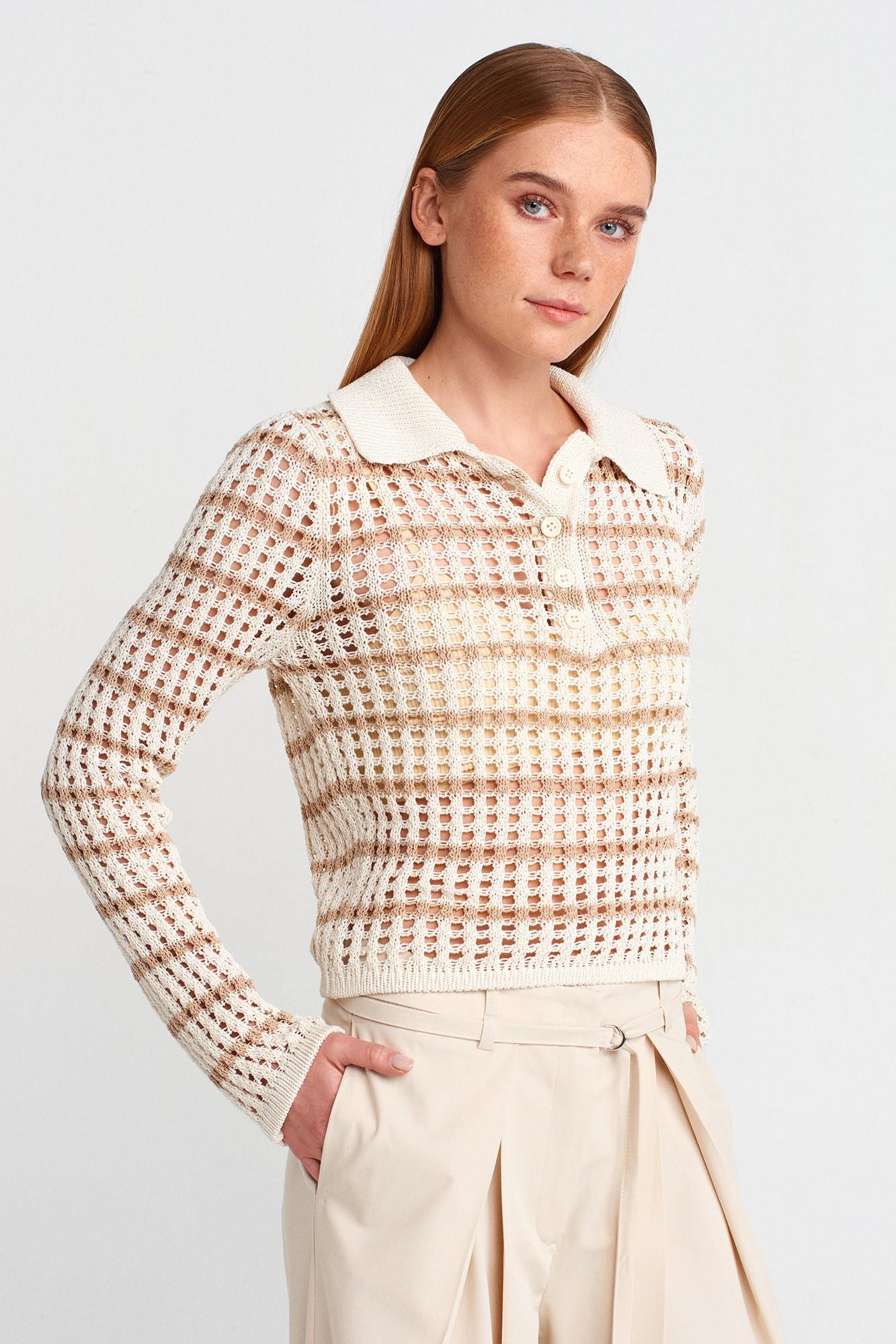 Wholesale Women's Ecru-Beige Polo Collar Openwork Knit Sweater 0431W26-10724