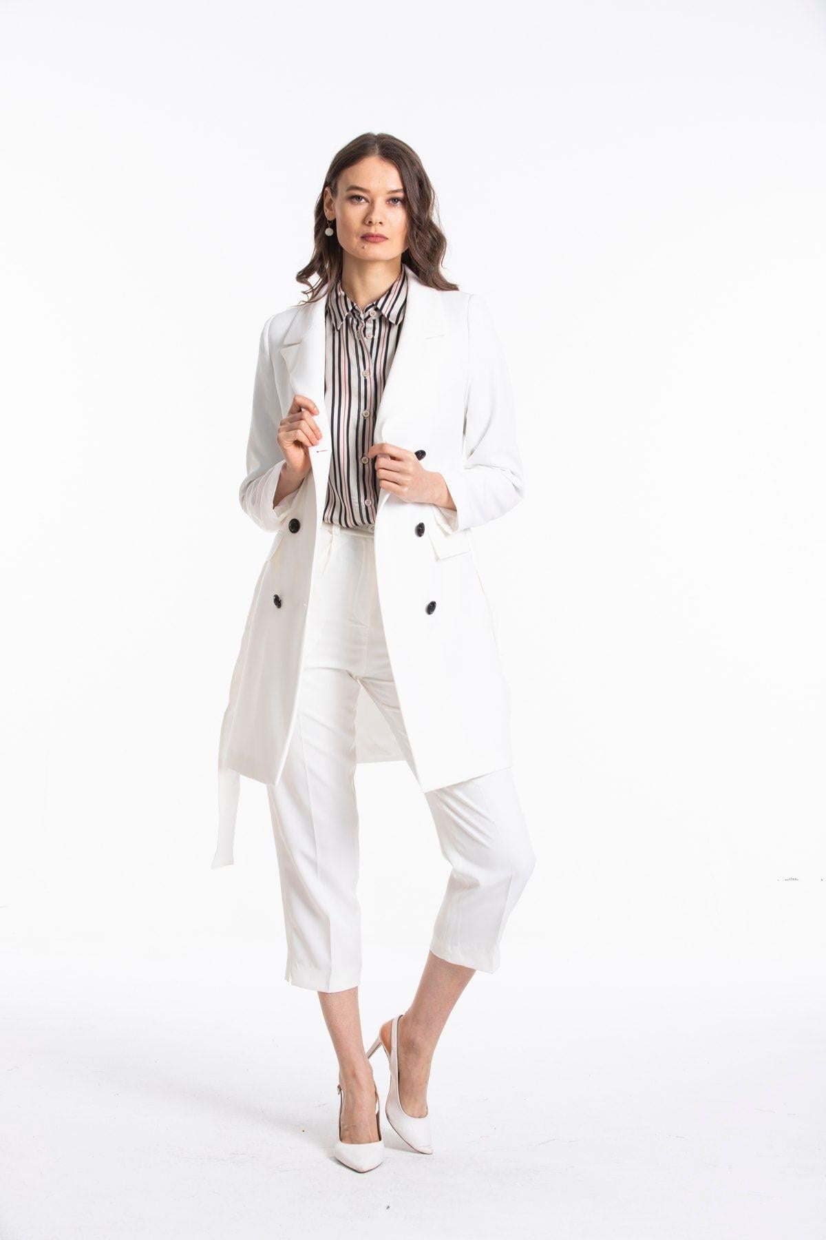 Wholesale Women's Ecru Black Double-Breasted Long Jacket