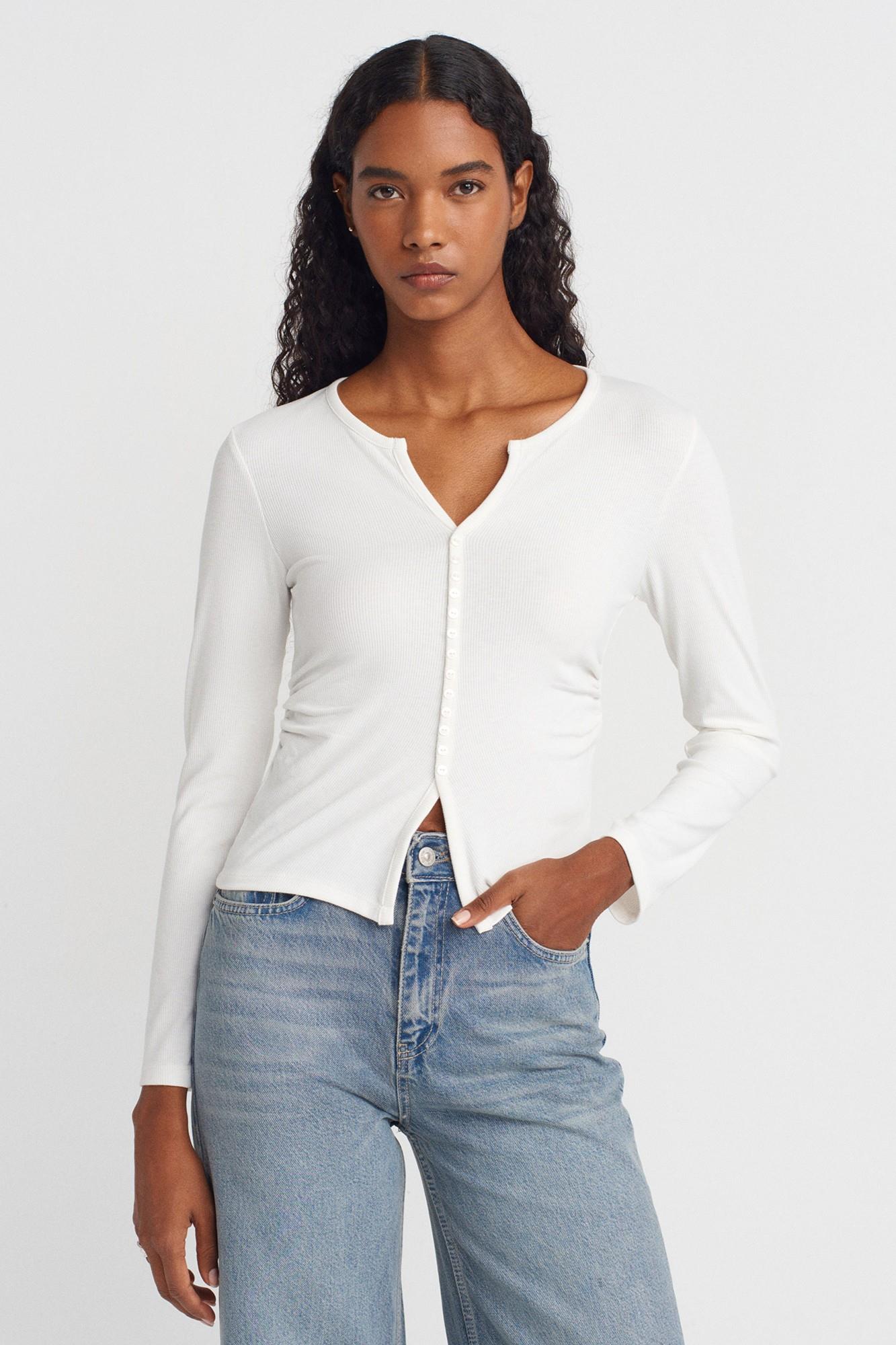 Wholesale Women's Ecru Button Detailed Gathered Top 0431W26-31548