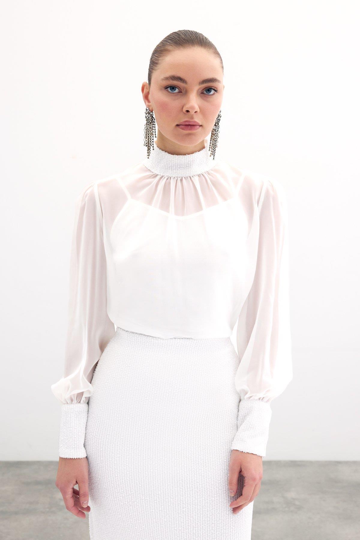 Wholesale Women's Ecru Chiffon Blouse with Sequin-Embellished Collar and Cuffs 0033-1676-1552