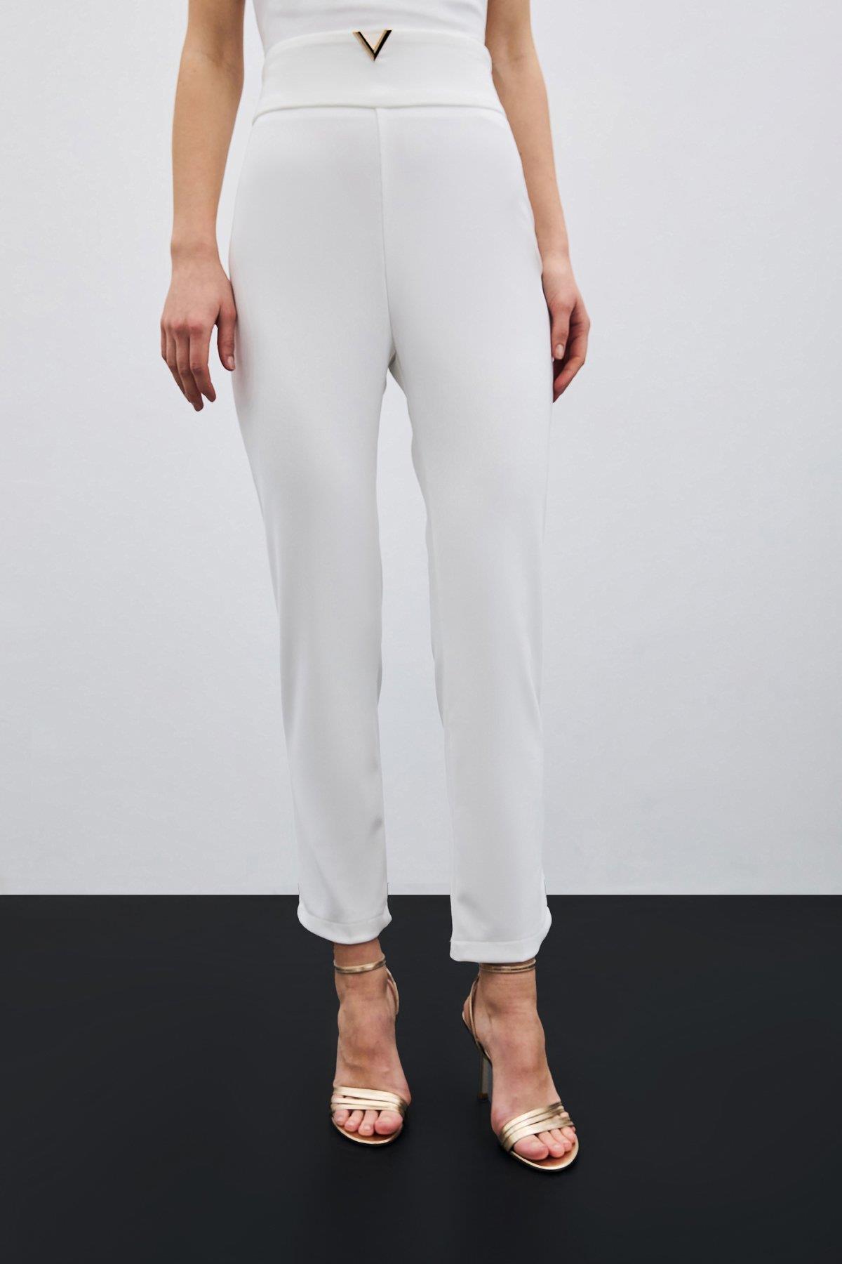 Wholesale Women's Ecru High-Waist Trousers with Front V-Shaped Accessory 0033-1609-5526