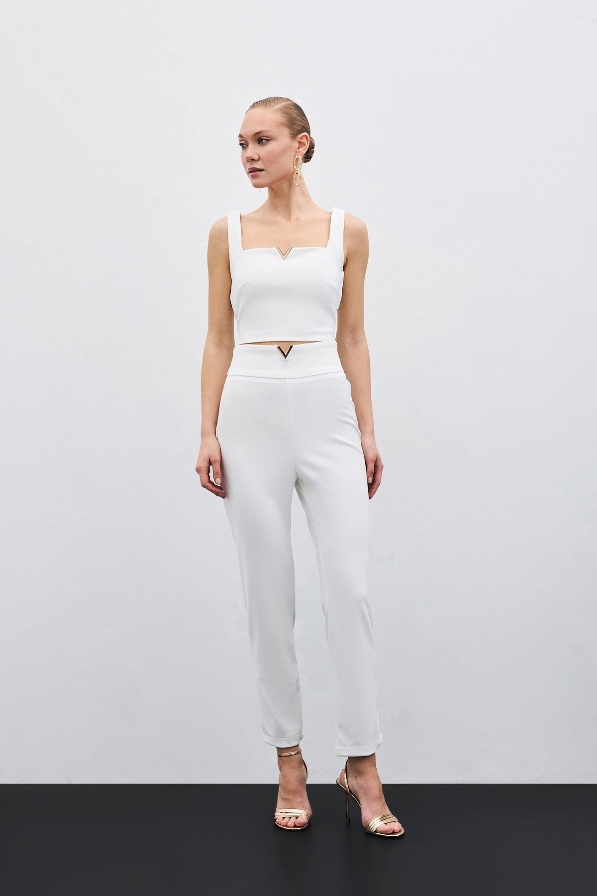 Wholesale Women's Ecru High-Waist Trousers with Front V-Shaped Accessory 0033-1609-5526