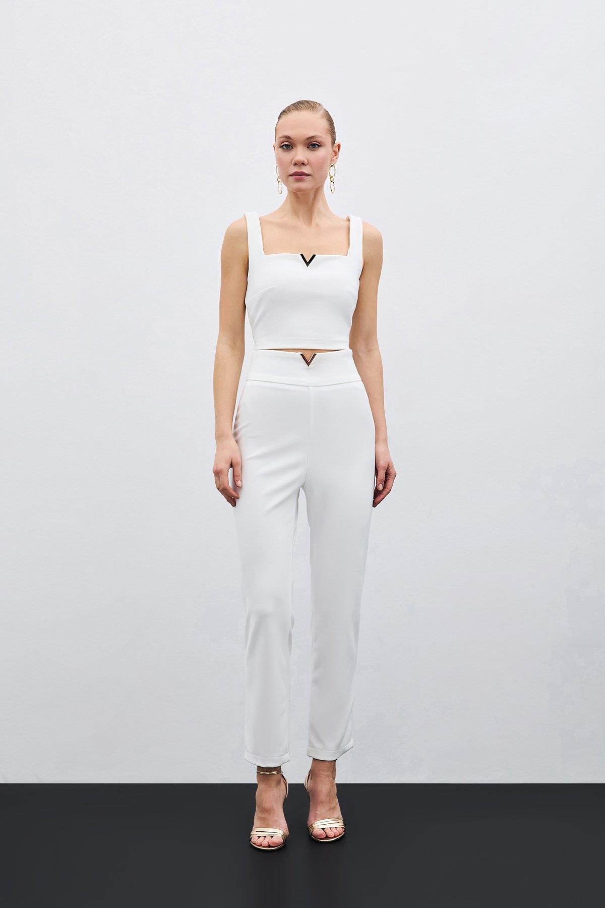 Wholesale Women's Ecru High-Waist Trousers with Front V-Shaped Accessory 0033-1609-5526