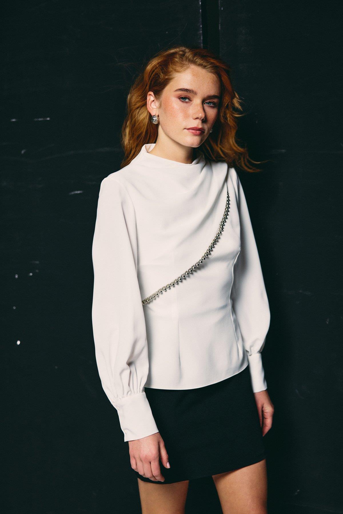 Wholesale Women's Ecru Mock-Neck Blouse with Bishop Sleeves 0033-1919