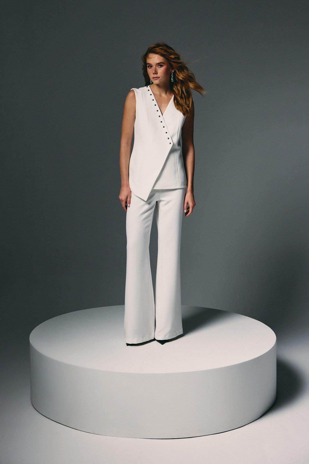 Wholesale Women's Ecru Pearl-Embellished Wrap Waistcoat 0033-1909-6597