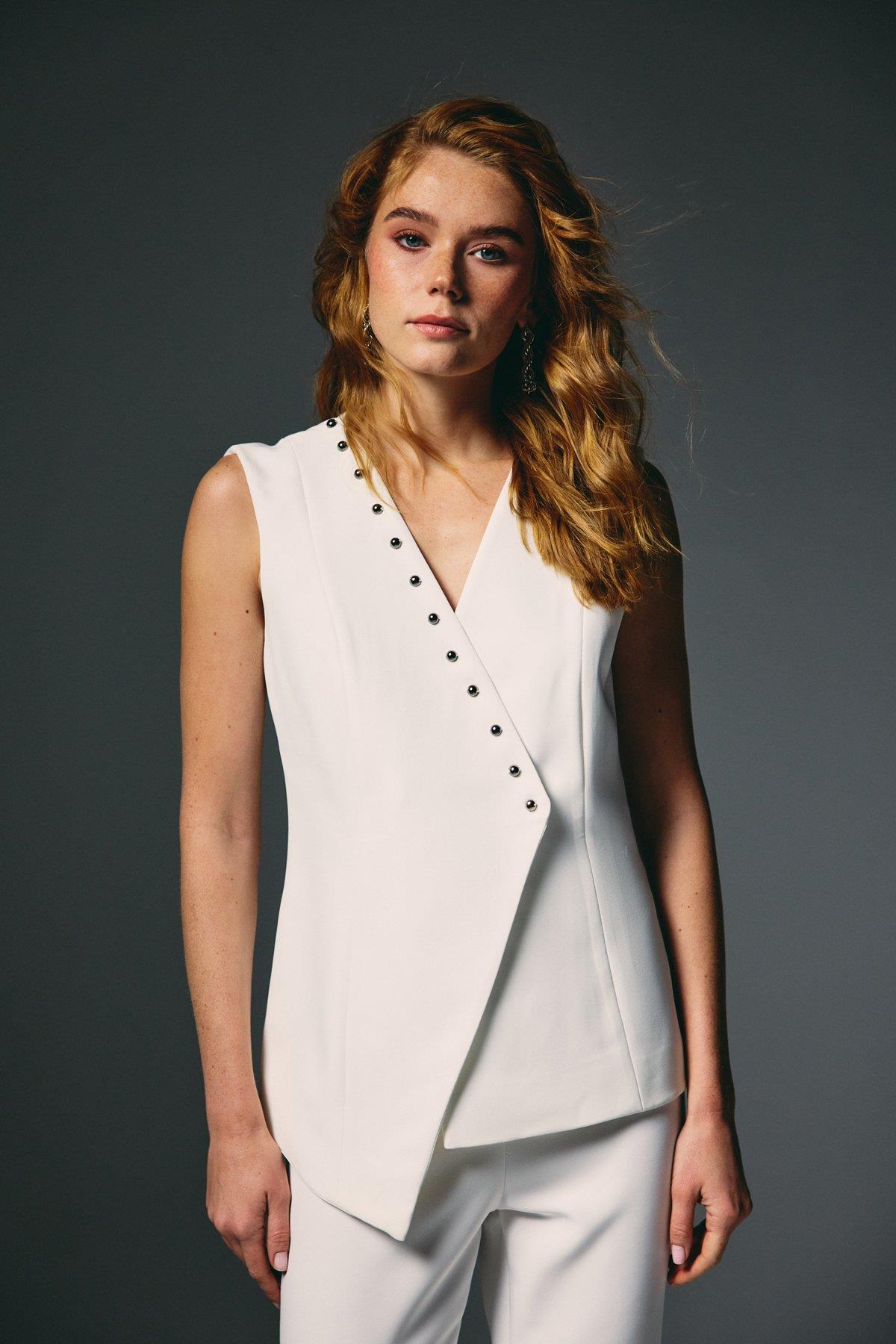 Wholesale Women's Ecru Pearl-Embellished Wrap Waistcoat 0033-1909-6597