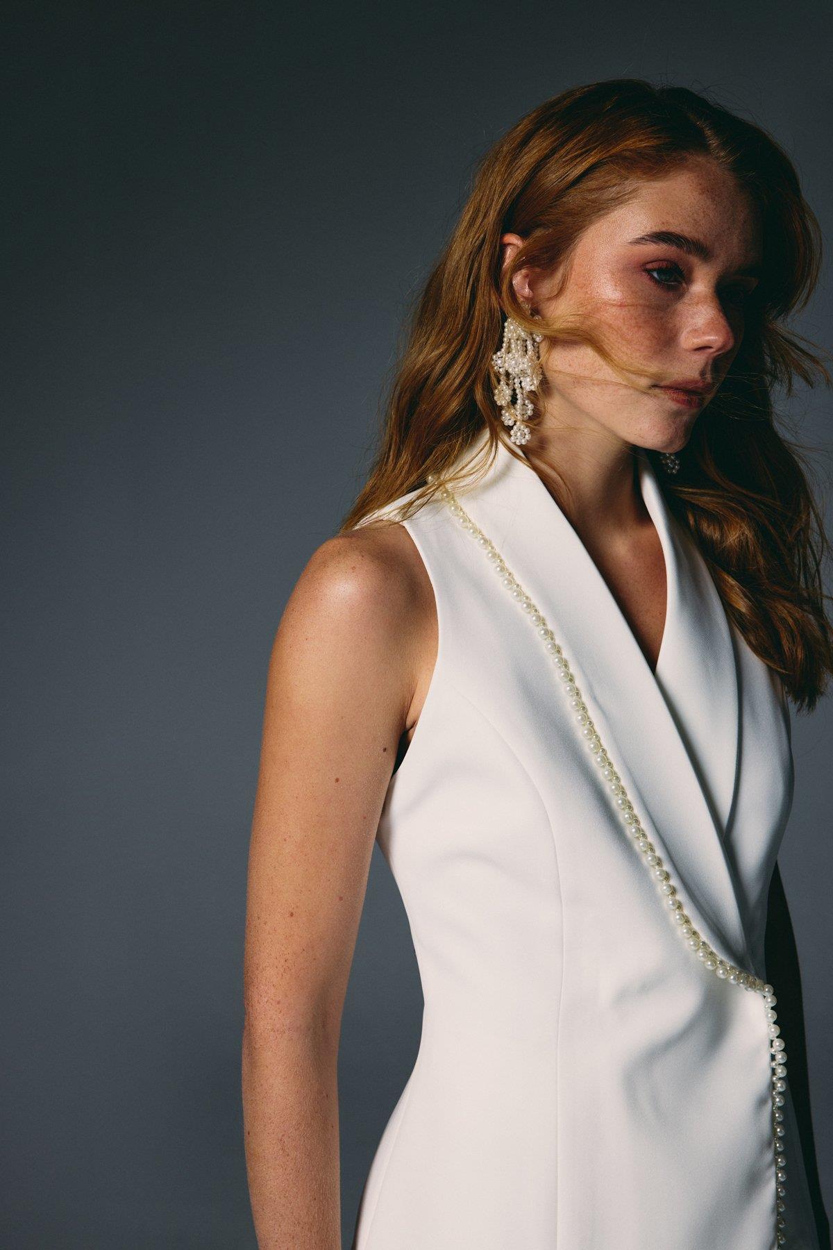 Wholesale Women's Ecru Pearl-Embellished Wrap Waistcoat 0033-1910-6596