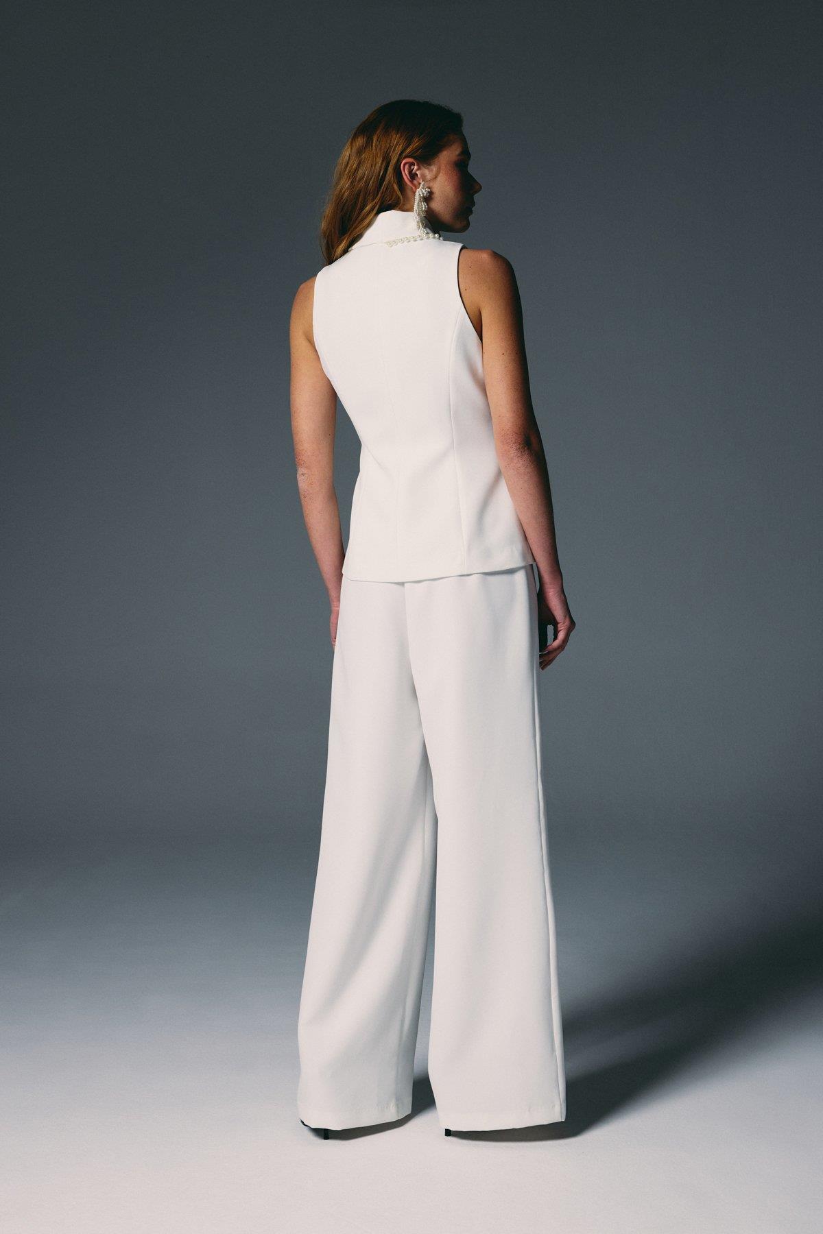 Wholesale Women's Ecru Pearl-Embellished Wrap Waistcoat 0033-1910-6596