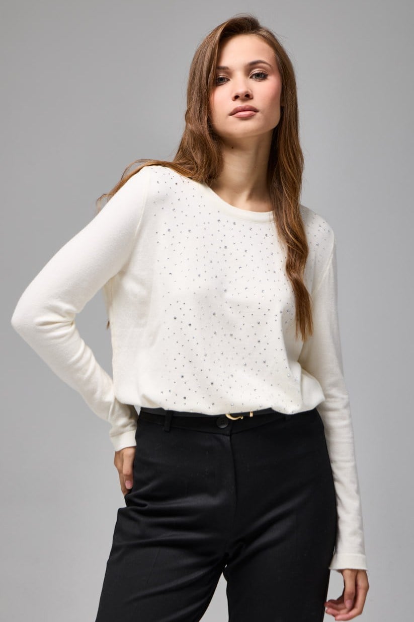 Wholesale Women's Ecru Rhinestone-Embellished Crew-Neck Knit Sweater 0037-3717