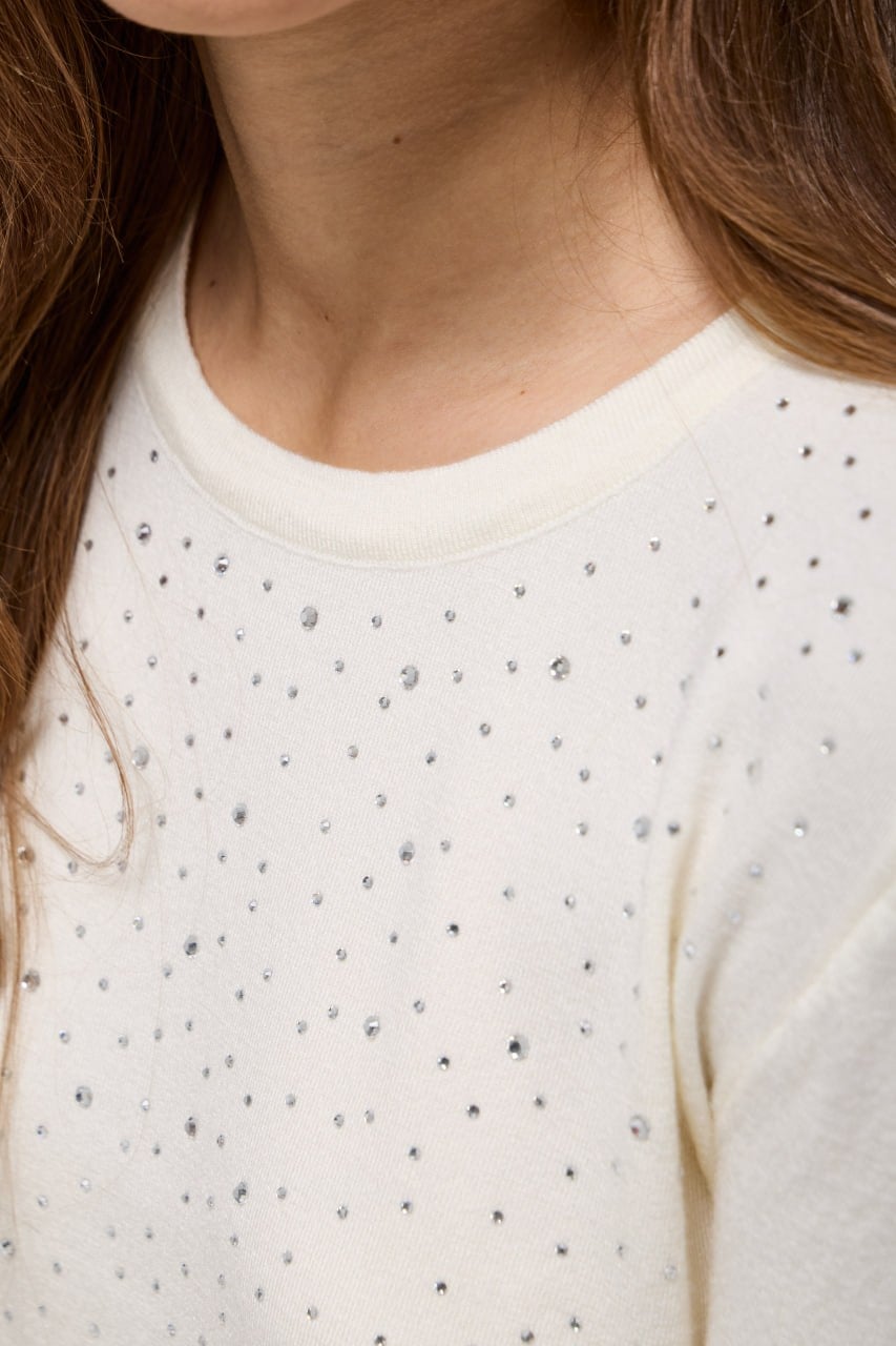 Wholesale Women's Ecru Rhinestone-Embellished Crew-Neck Knit Sweater 0037-3717