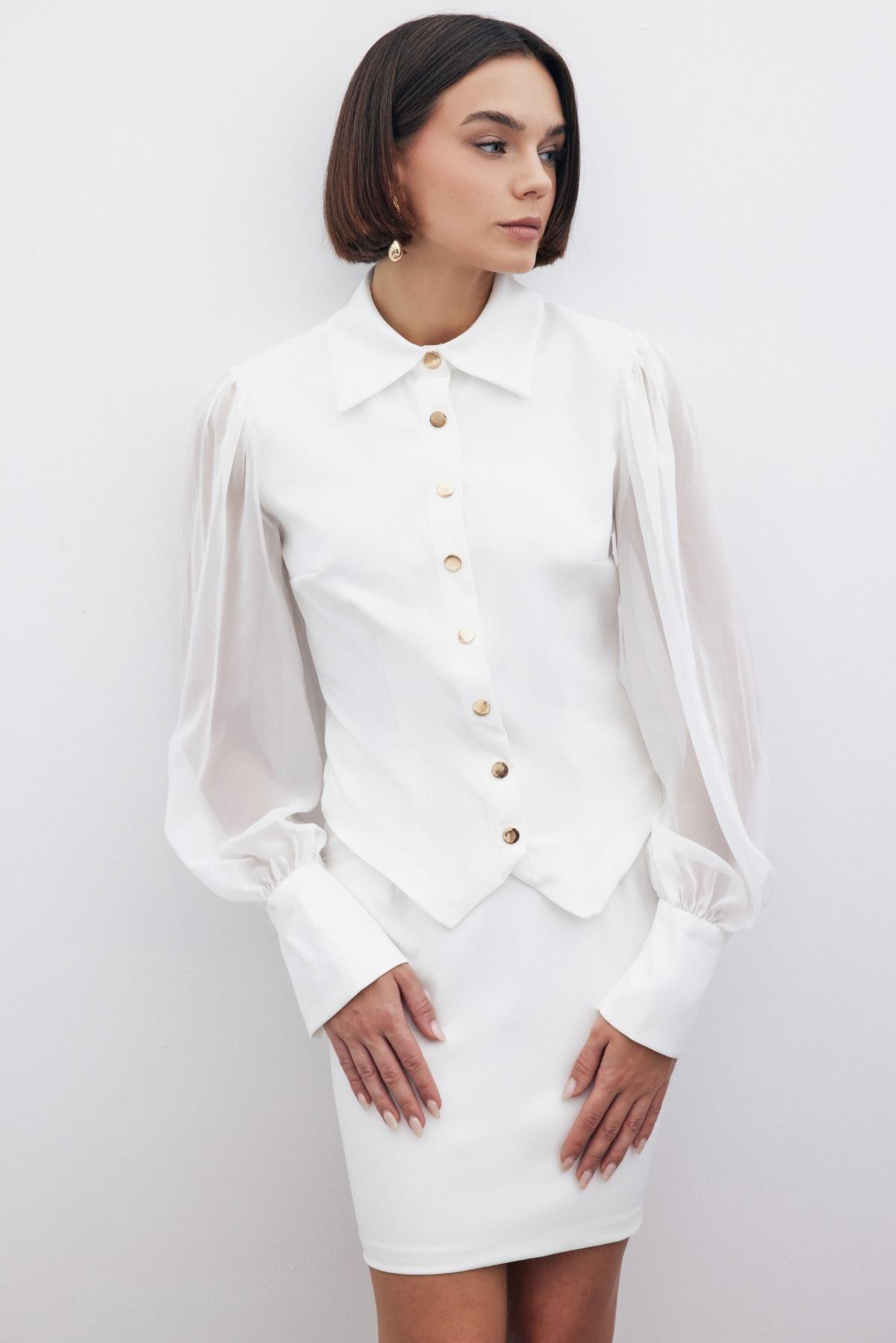 Wholesale Women's Ecru Snap-Up Shirt with Chiffon Bishop Sleeves 0033-1545-2520