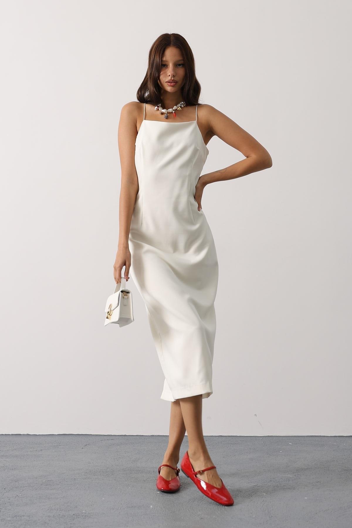 Wholesale Women's Ecru Strappy Midi Dress 0061-35204