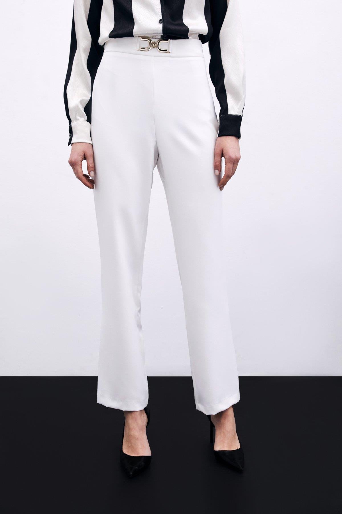 Wholesale Women's Ecru Trousers with Accessory Detail 0033-1113-5007
