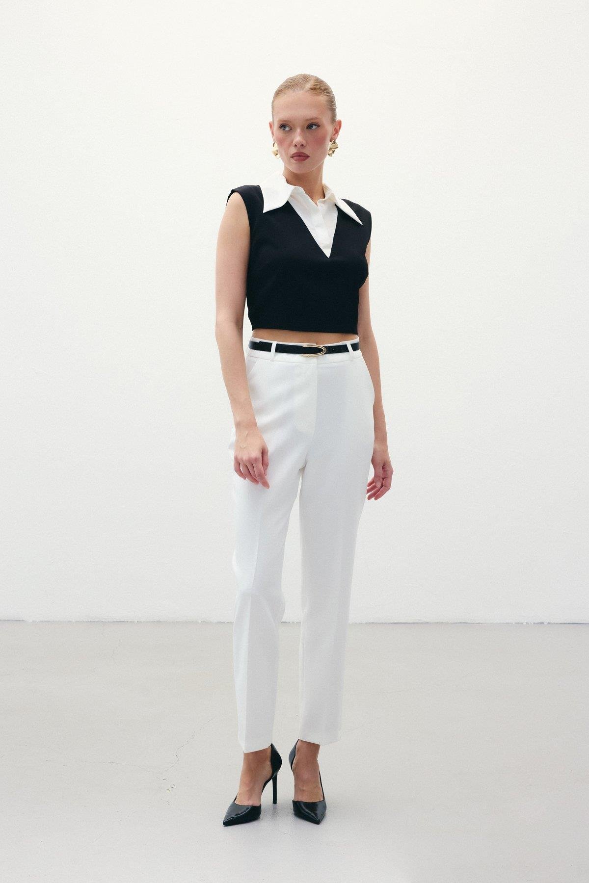 Wholesale Women's Ecru Trousers with Belt 0033-1860-5066