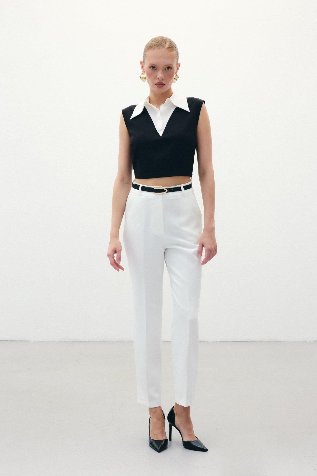 Wholesale Women's Ecru Trousers with Belt 0033-1860-5066