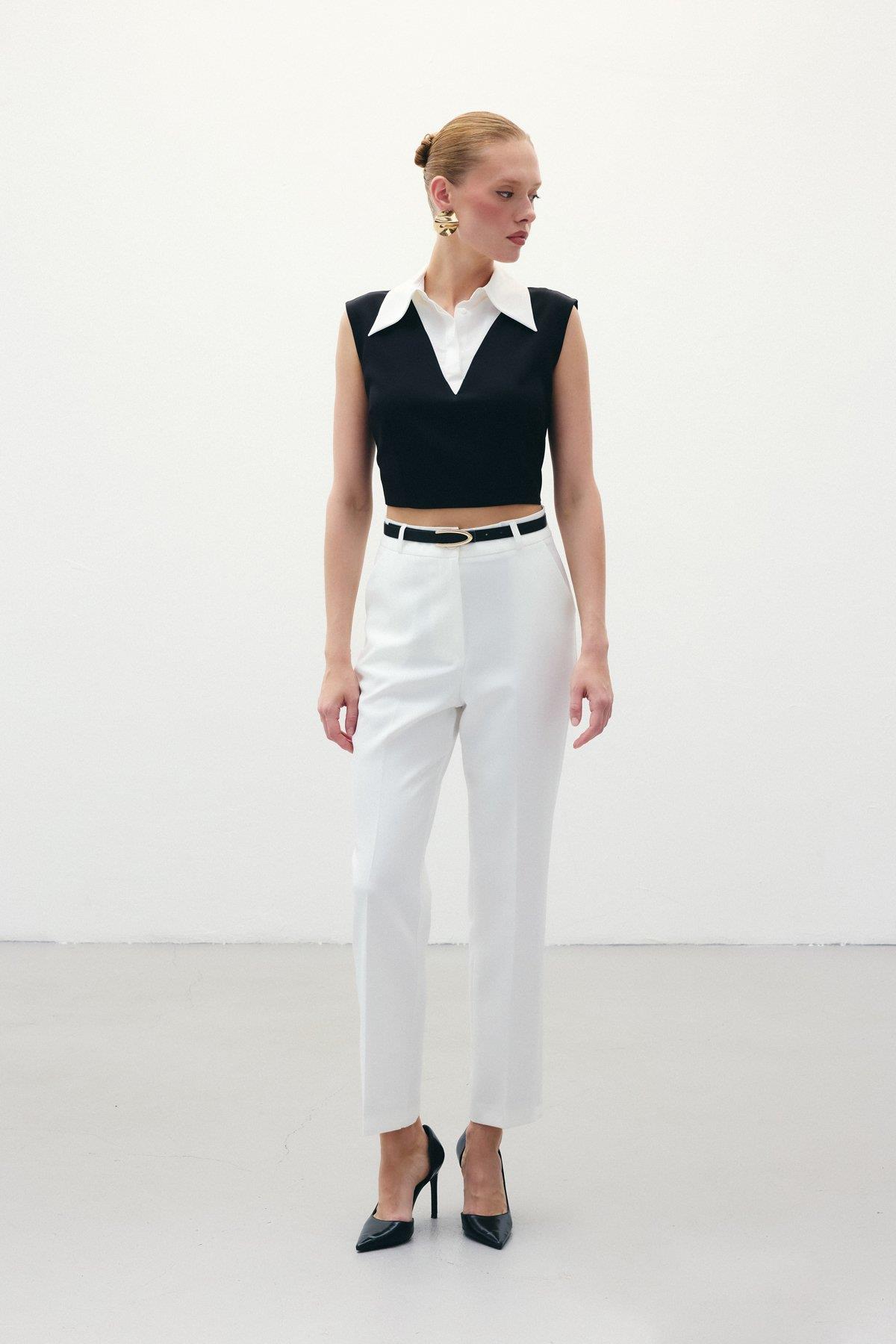 Wholesale Women's Ecru Trousers with Belt 0033-1860-5066