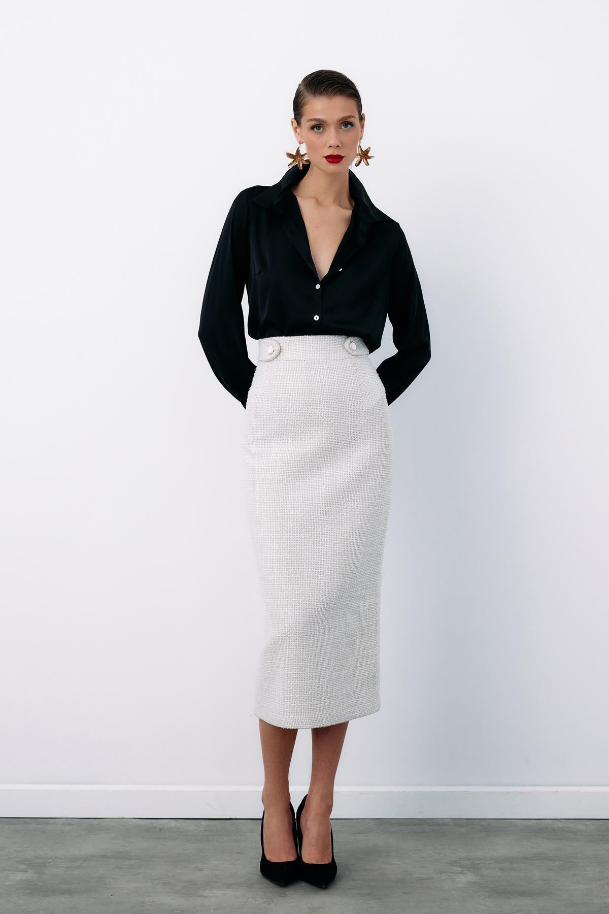 Wholesale Women's Ecru Tweed Midi Skirt 0033-1548-4511