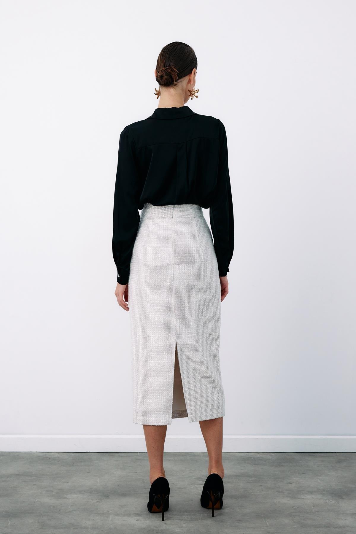 Wholesale Women's Ecru Tweed Midi Skirt 0033-1548-4511