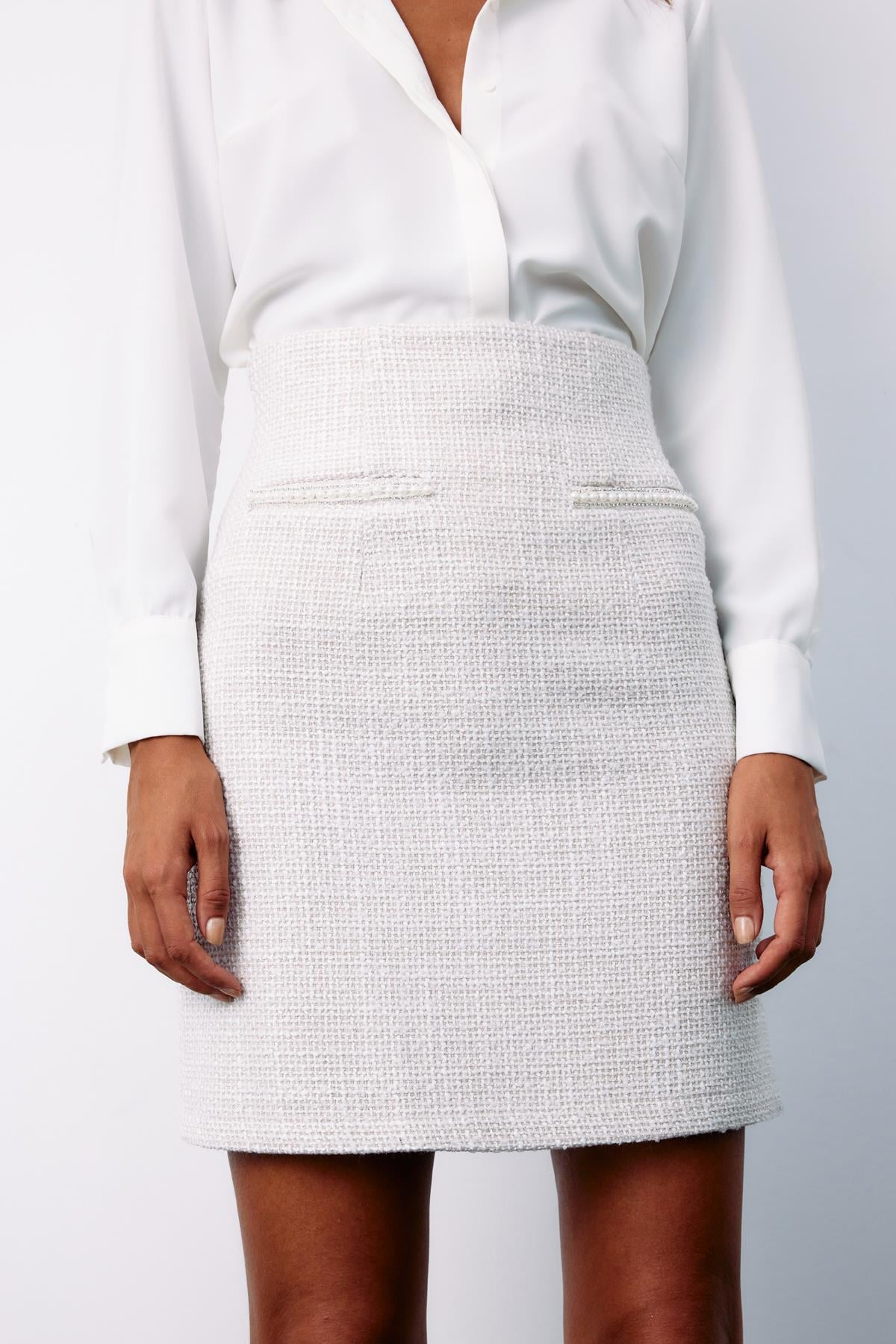 Wholesale Women's Ecru Tweed Mini Skirt with Rhinestone and Pearl Embellishment 0033-1550-4510