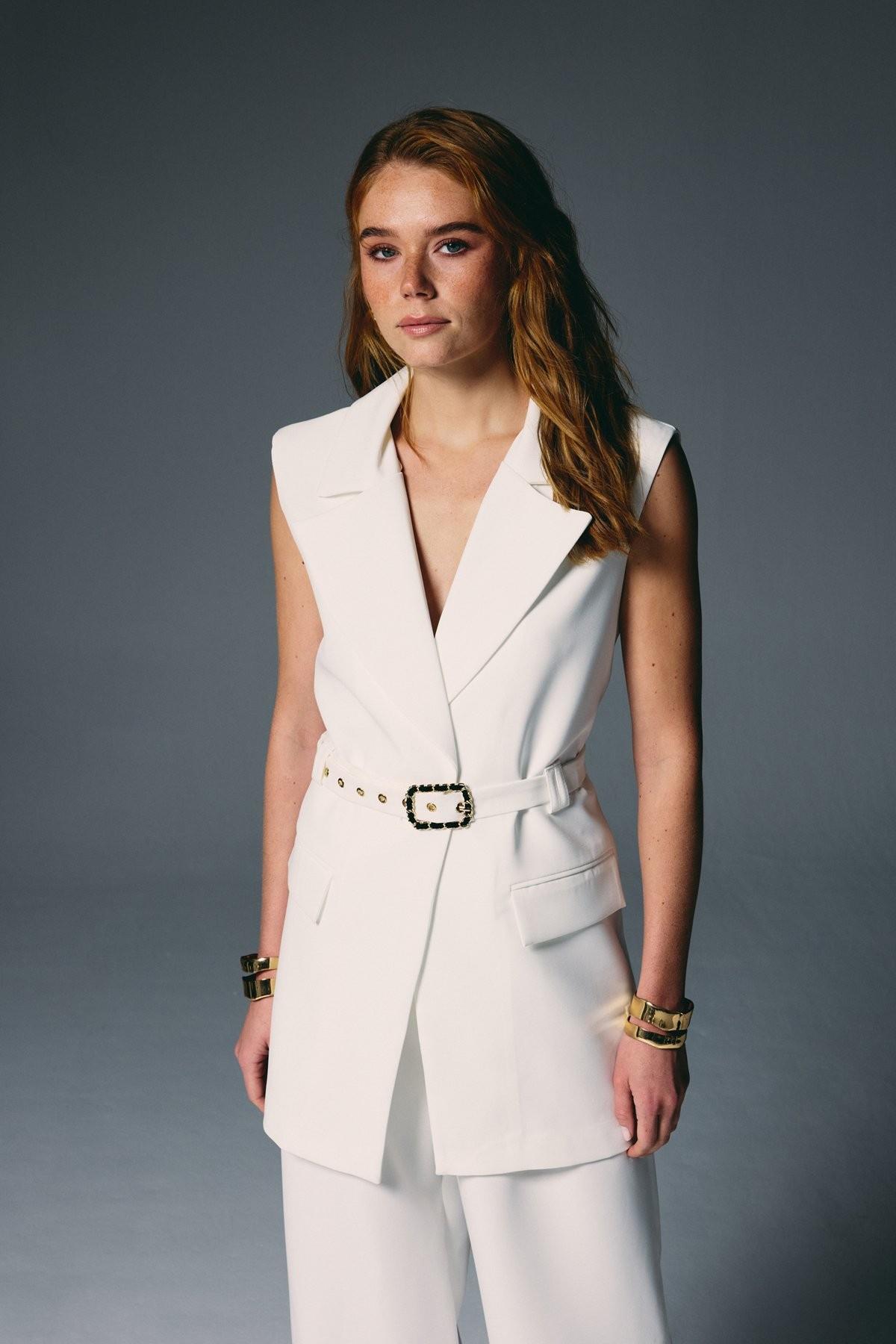 Wholesale Women's Ecru Waistcoat with Belt 0033-1911-6593