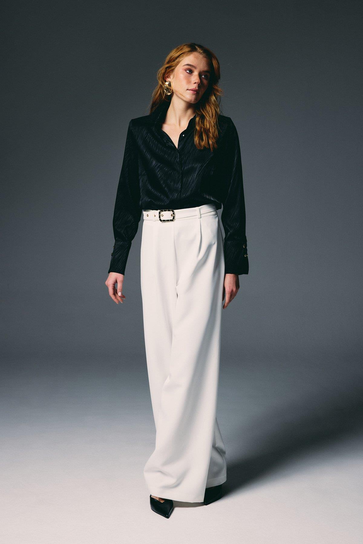 Wholesale Women's Ecru Wide-Leg Trousers with Belt 0033-1920-5538