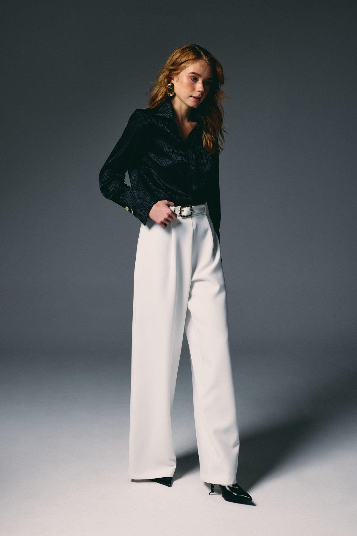 Wholesale Women's Ecru Wide-Leg Trousers with Belt 0033-1920-5538