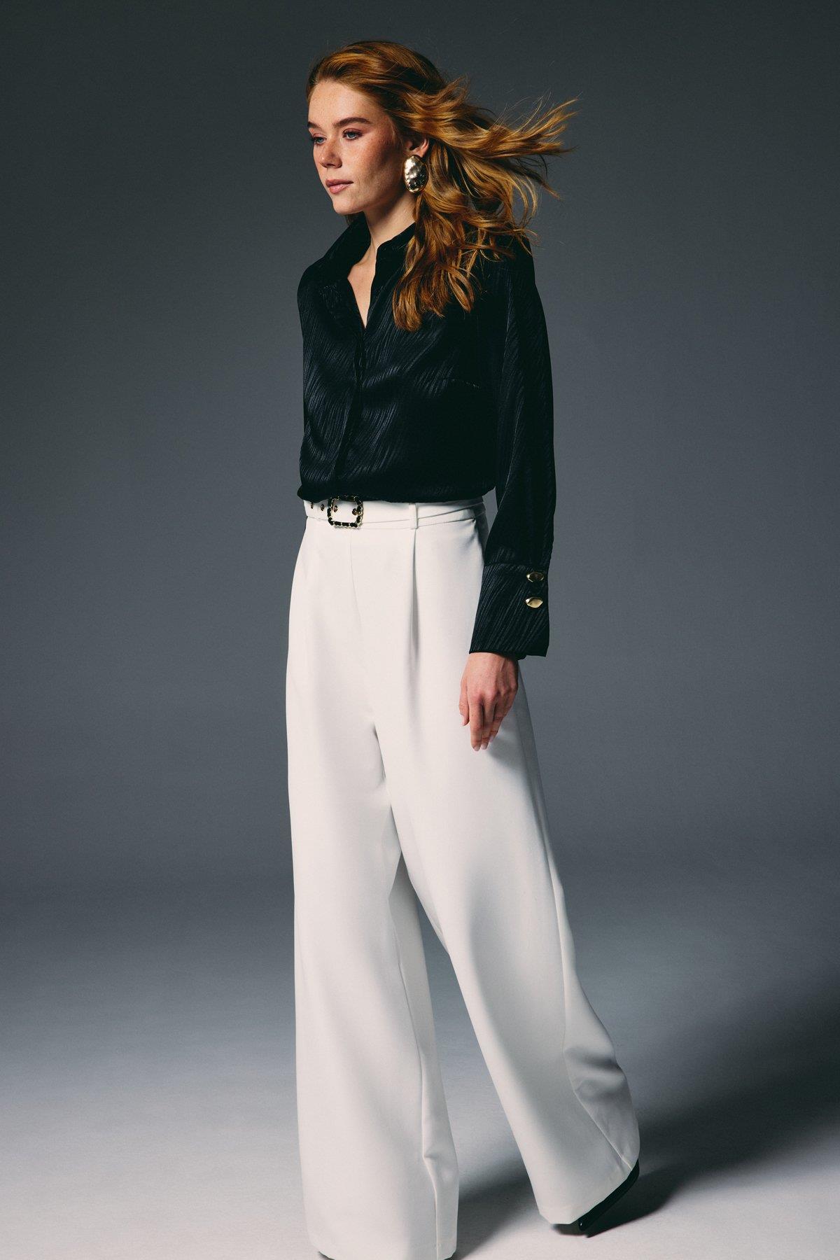 Wholesale Women's Ecru Wide-Leg Trousers with Belt 0033-1920-5538