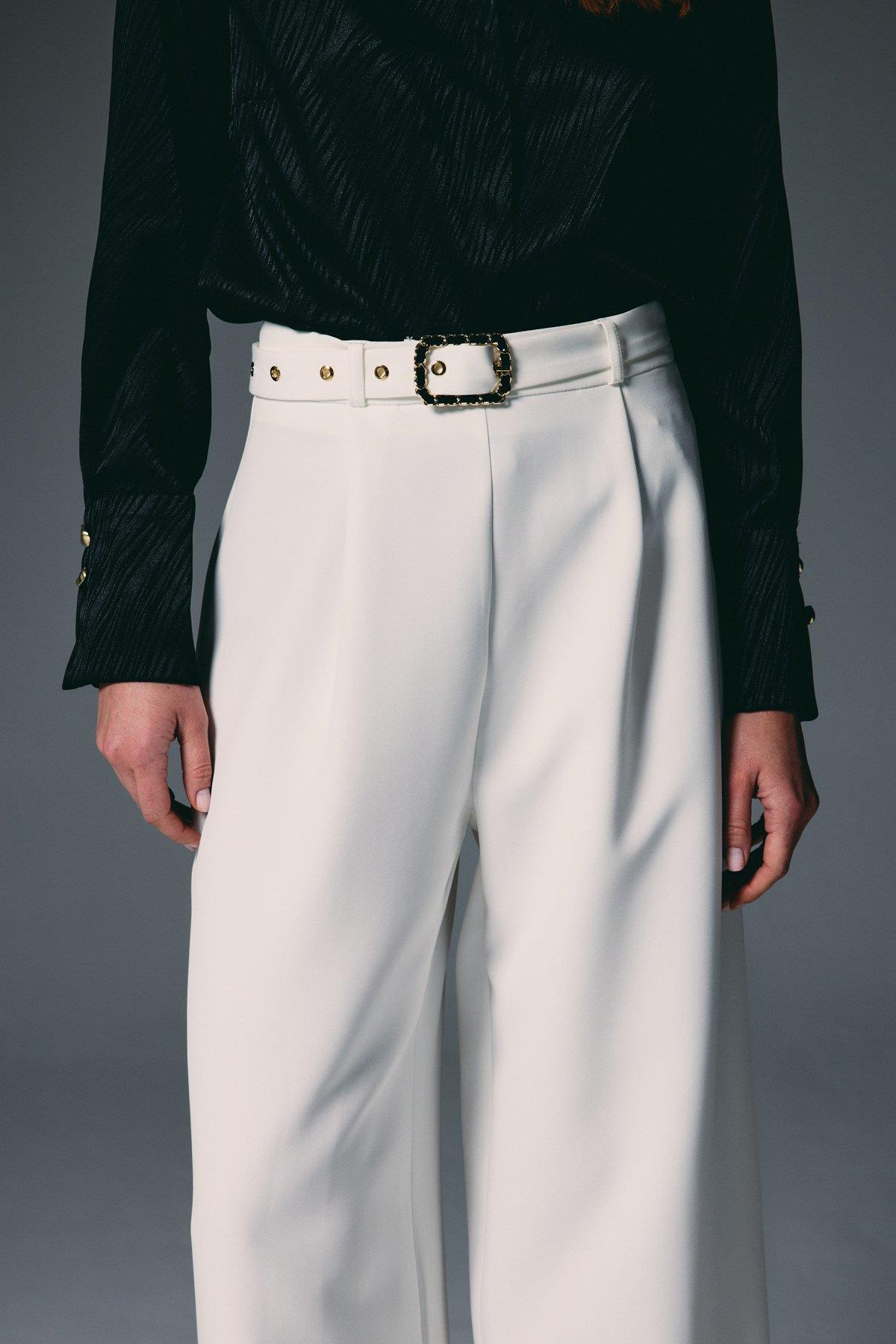 Wholesale Women's Ecru Wide-Leg Trousers with Belt 0033-1920-5538