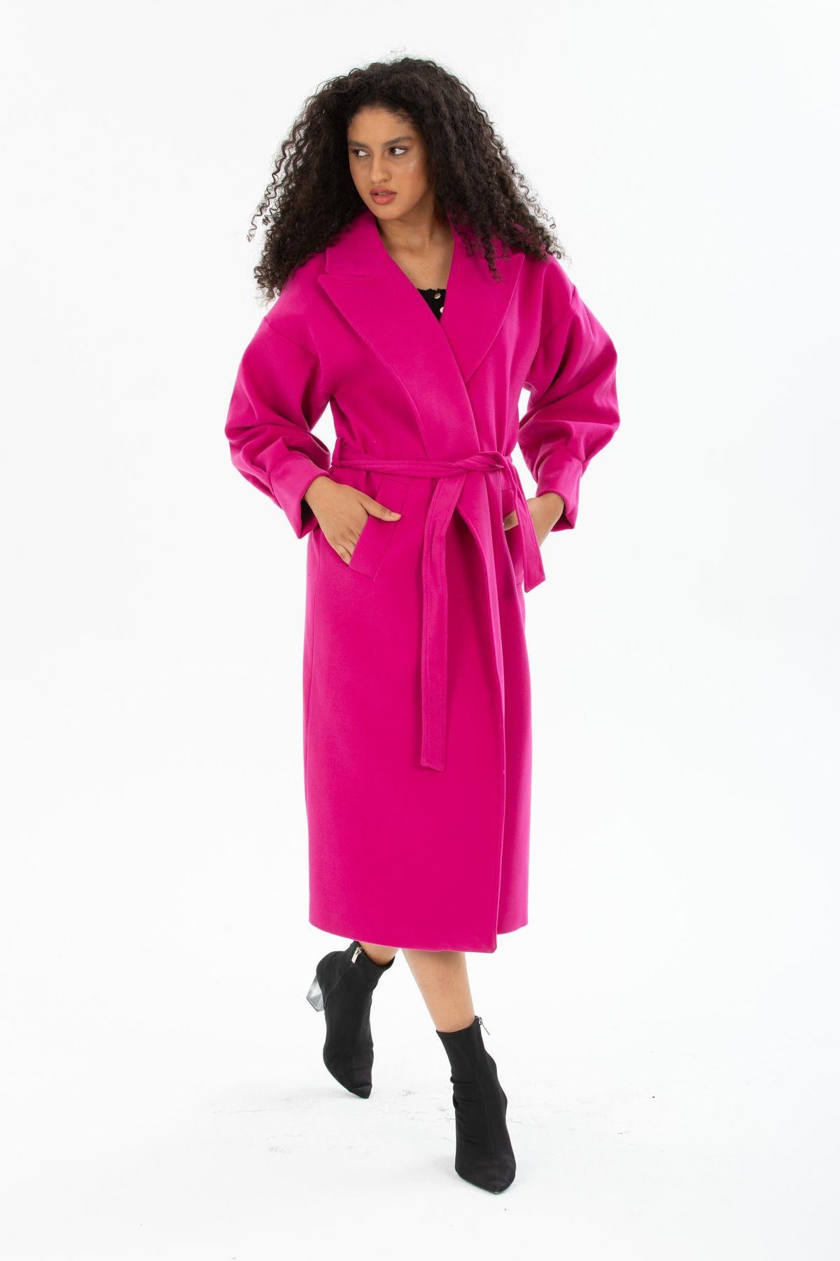 Wholesale Women's Fuchsia Balloon Sleeve Lined Long Coat