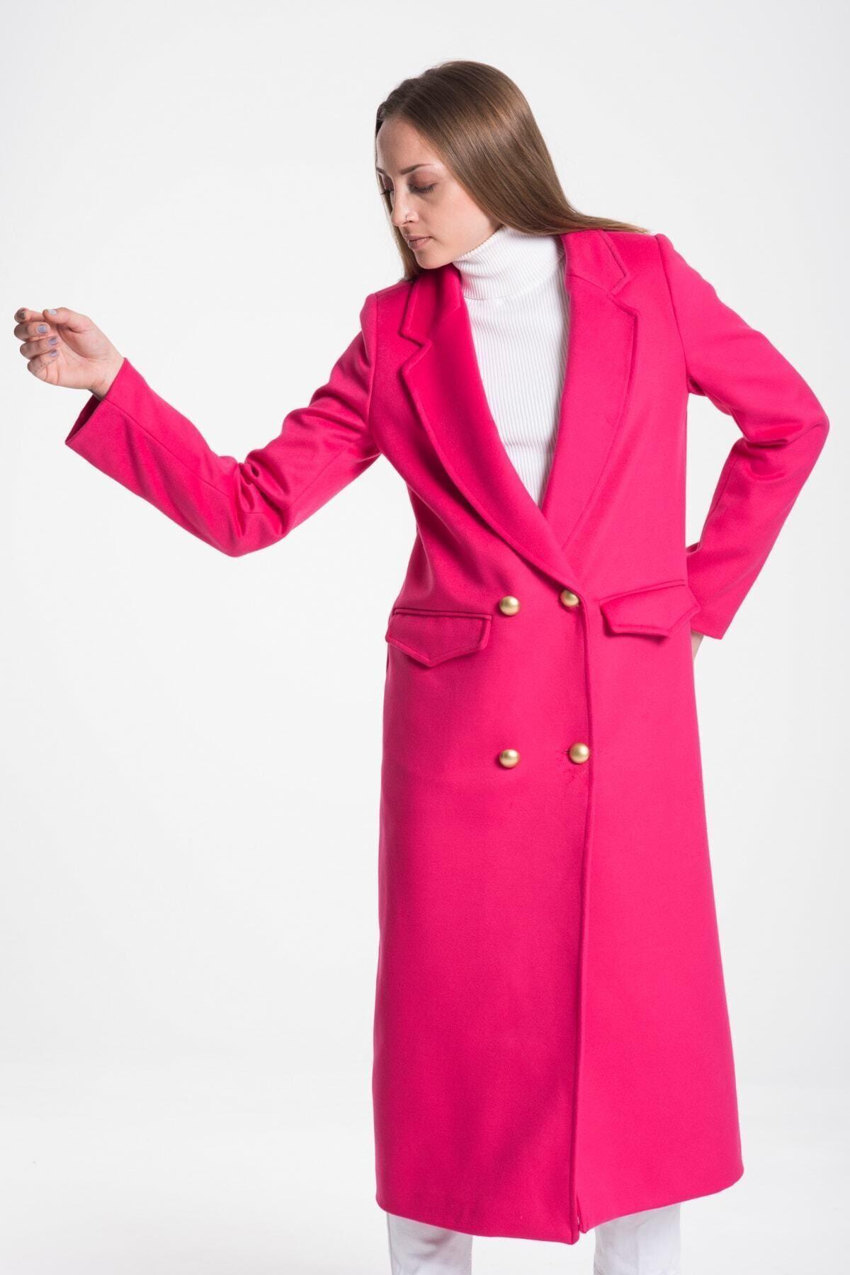 Wholesale Women's Fuchsia Gold Buttoned Long Coat