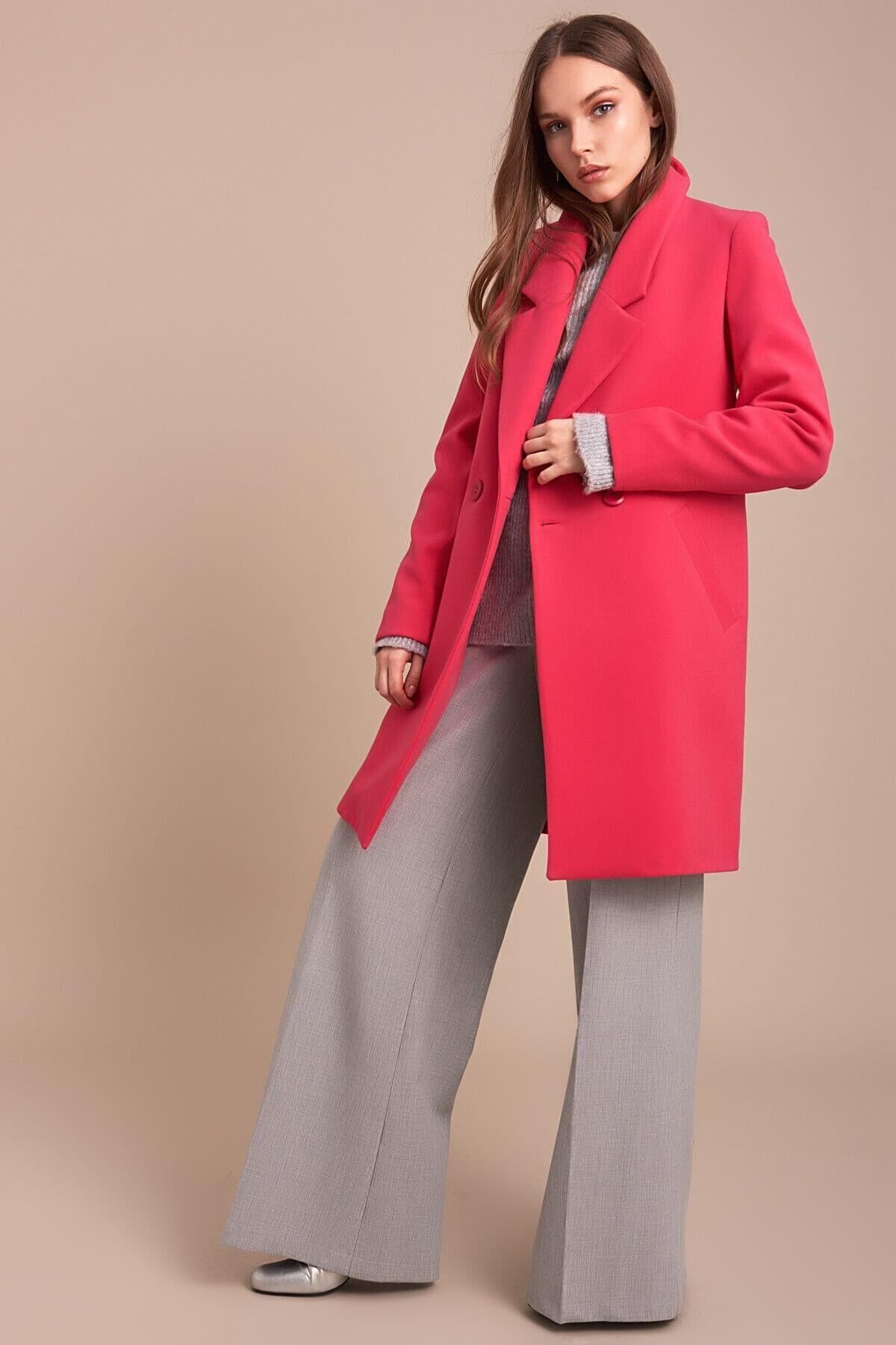 Wholesale Women's Fuchsia Oversized Buttoned Short Coat