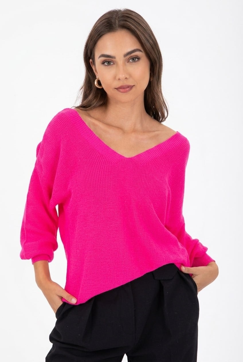 Wholesale Women's Fuchsia Relaxed-Fit Mercerized Knit Sweater with Front and Back V-Neck 0037-3276