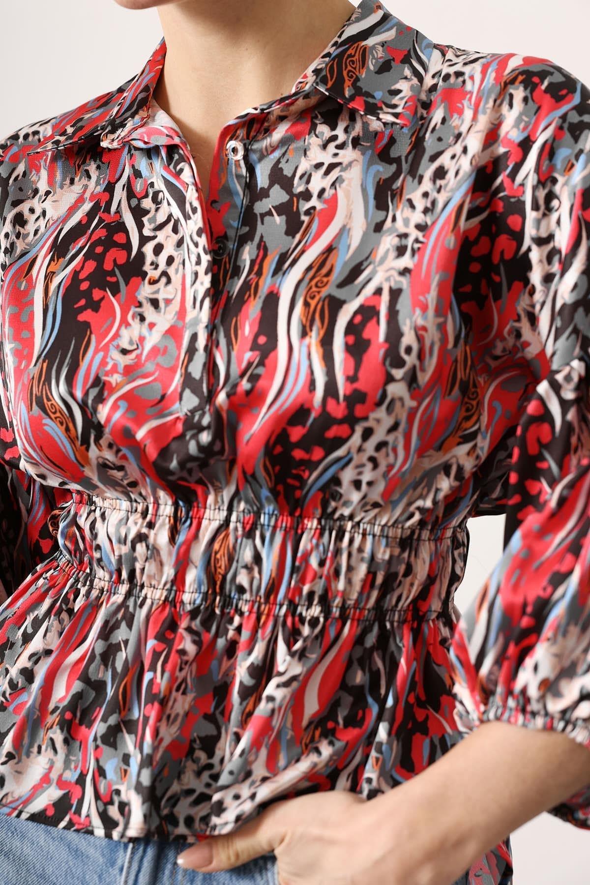 Wholesale Women's Fuchsia Satin Shirt with Gathered Elastic Waist and Half Placket 0061-4887