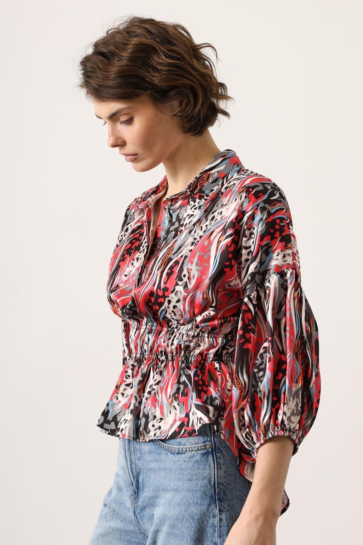 Wholesale Women's Fuchsia Satin Shirt with Gathered Elastic Waist and Half Placket 0061-4887