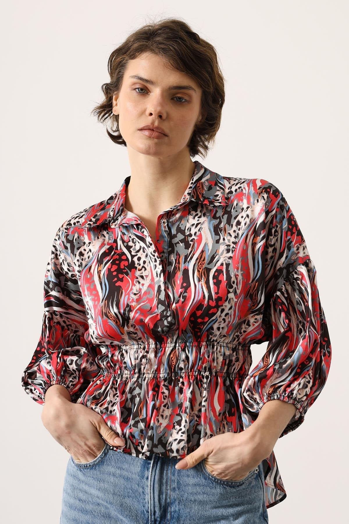 Wholesale Women's Fuchsia Satin Shirt with Gathered Elastic Waist and Half Placket 0061-4887