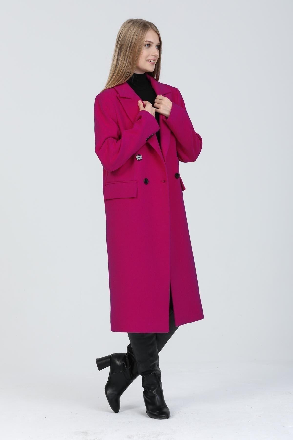 Wholesale Women's Fuchsia Wool Black Buttoned Slit Coat