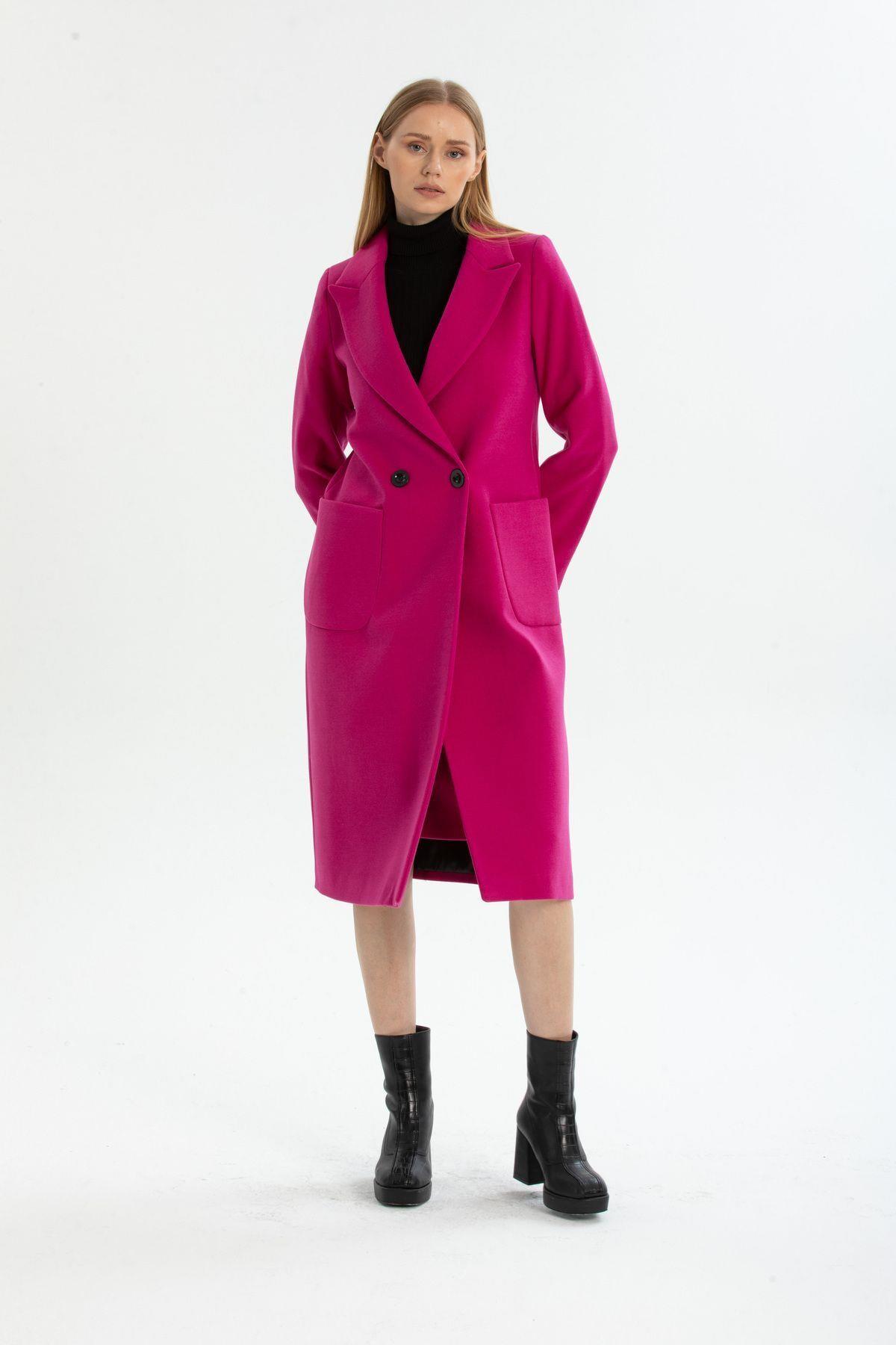 Wholesale Women's Fuchsia Wool Buttoned Coat